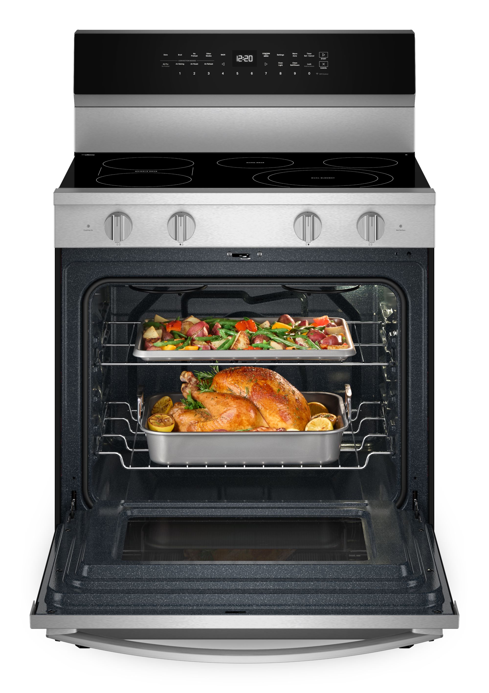 Whirlpool High Speed Preheat 30-in Glass Top 5 burners 5.3-cu ft Air Fry Convection Oven Freestanding Electric Range with WipeClean Coating ( Stainless Steel )
