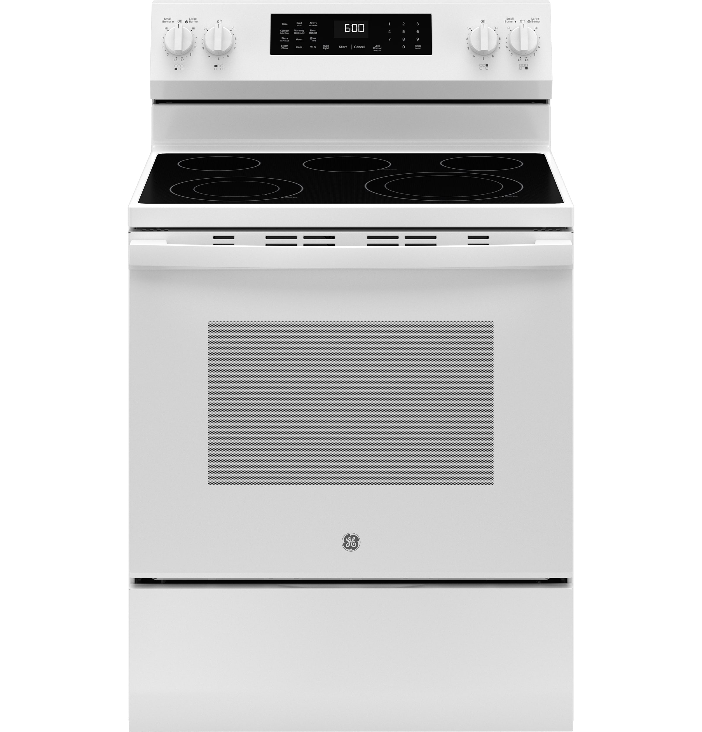 GE EasyWash Oven Tray 30-in Glass Top 5 burners 5.3-cu ft Air Fry Convection Oven Freestanding Electric Range ( White )