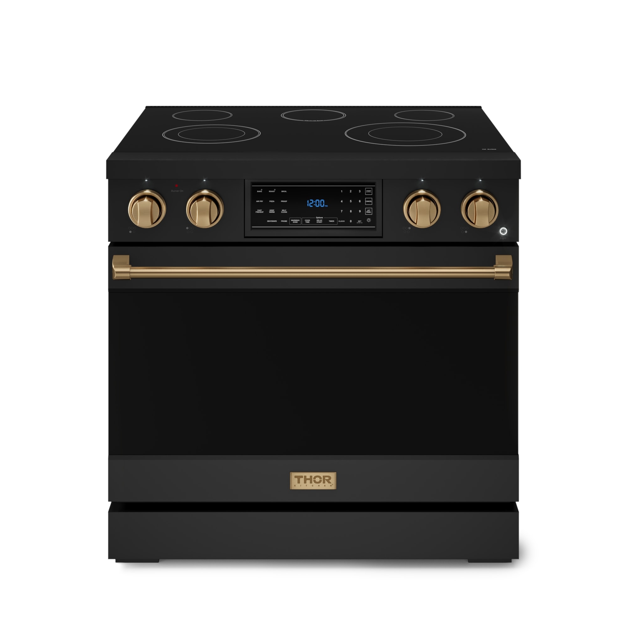 Thor Kitchen Gordon Ramsay Series 36-in Glass Top 5 burners 6-cu ft Air Fry Convection Oven Freestanding Electric Range ( Matte Black with Bronze Accents )