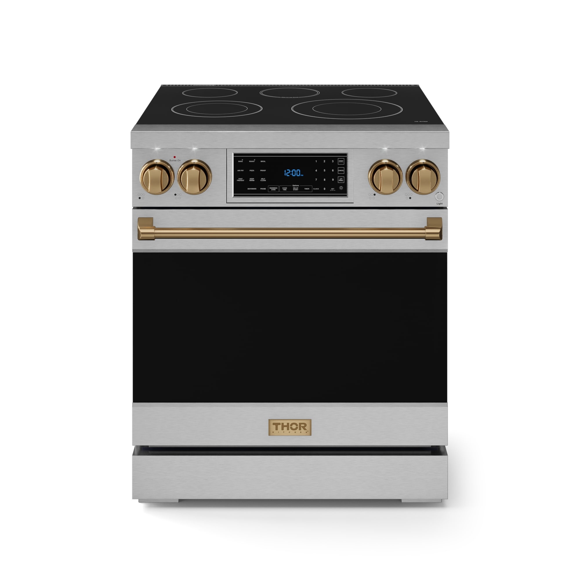 Thor Kitchen Gordon Ramsay Series 30-in Glass Top 5 burners 4.55-cu ft Air Fry Convection Oven Freestanding Electric Range ( Stainless Steel with Bronze Accents )