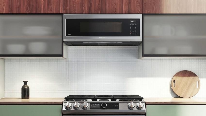 Samsung Smart Slim 1 1 cu ft Over the Range Microwave with 400 CFM Hood Ventilation in Matte Black Steel