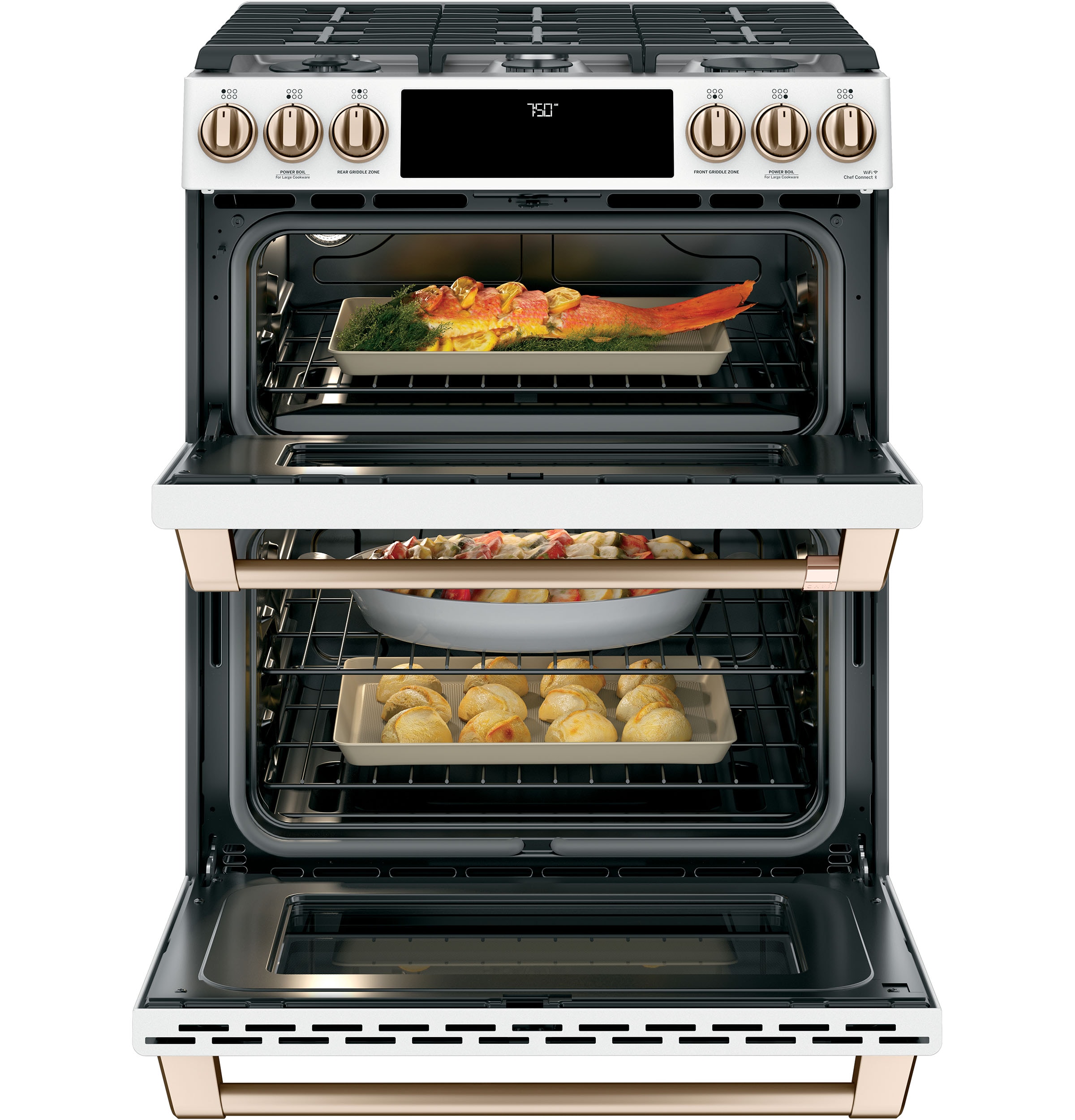 Cafe 30-in 6 burners 4.3-cu ft / 2.4-cu ft Air Fry Convection Oven Slide-In Double Oven Gas Range ( Matte White with Brushed Bronze Handles )