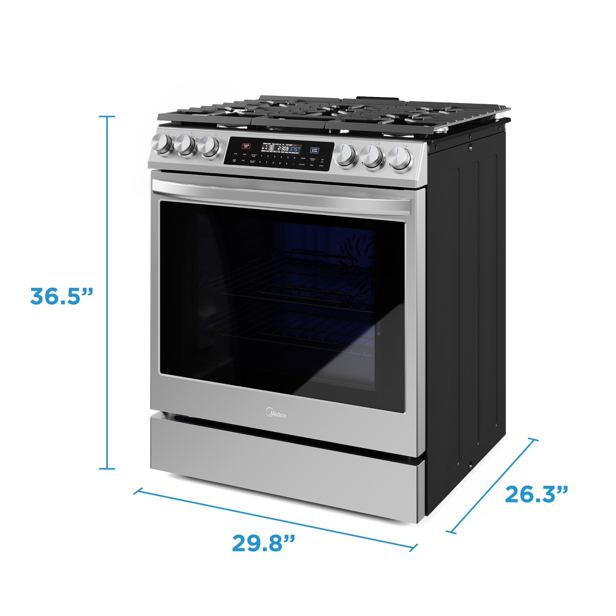 Midea 30-in 5 burners 6.1-cu ft Air Fry Slide-In Natural Gas Range ( Stainless steel )