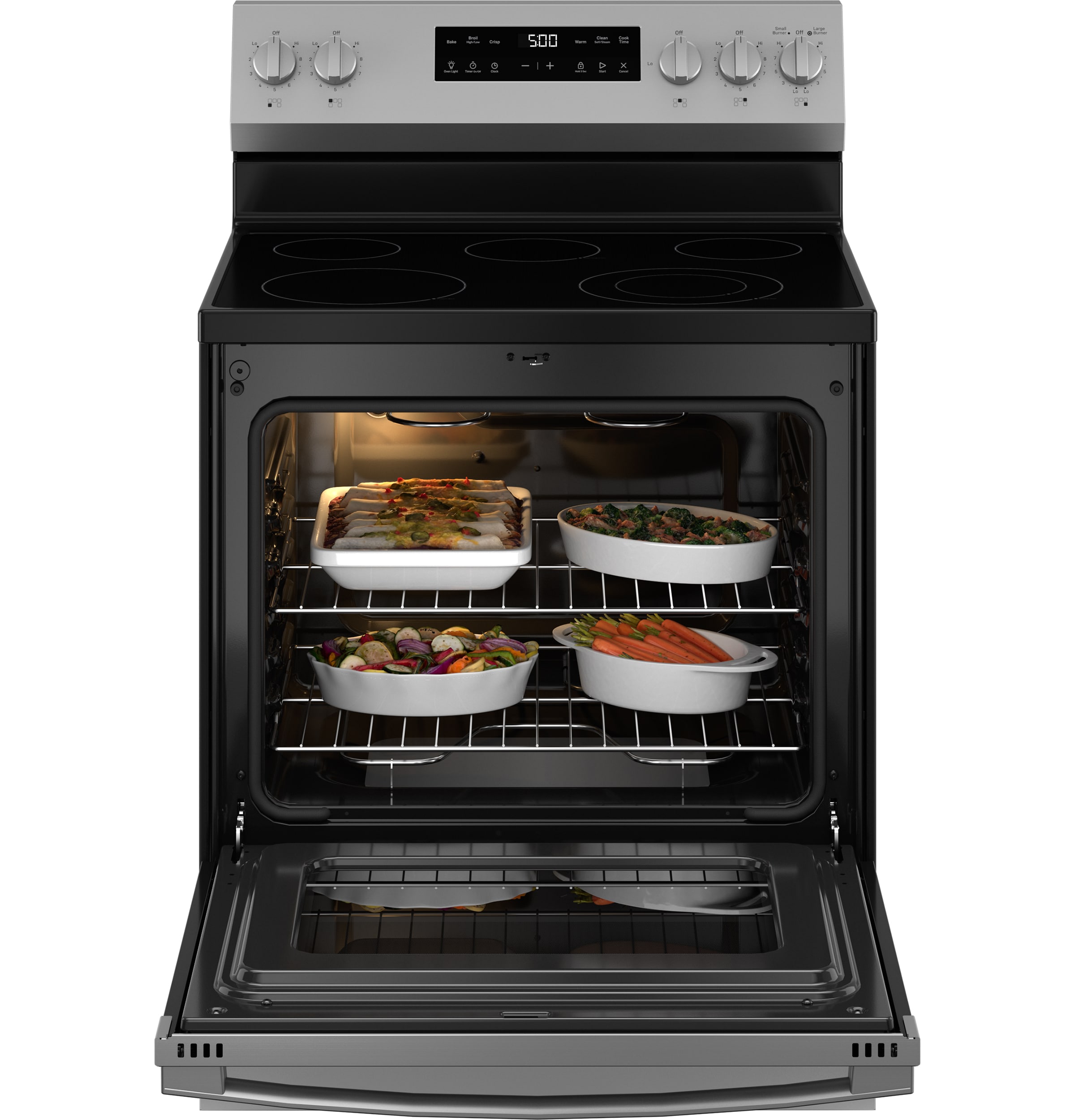 GE Crisp Mode 30-in Glass Top 5 burners 5.3-cu ft Freestanding Electric Range ( Stainless Steel )