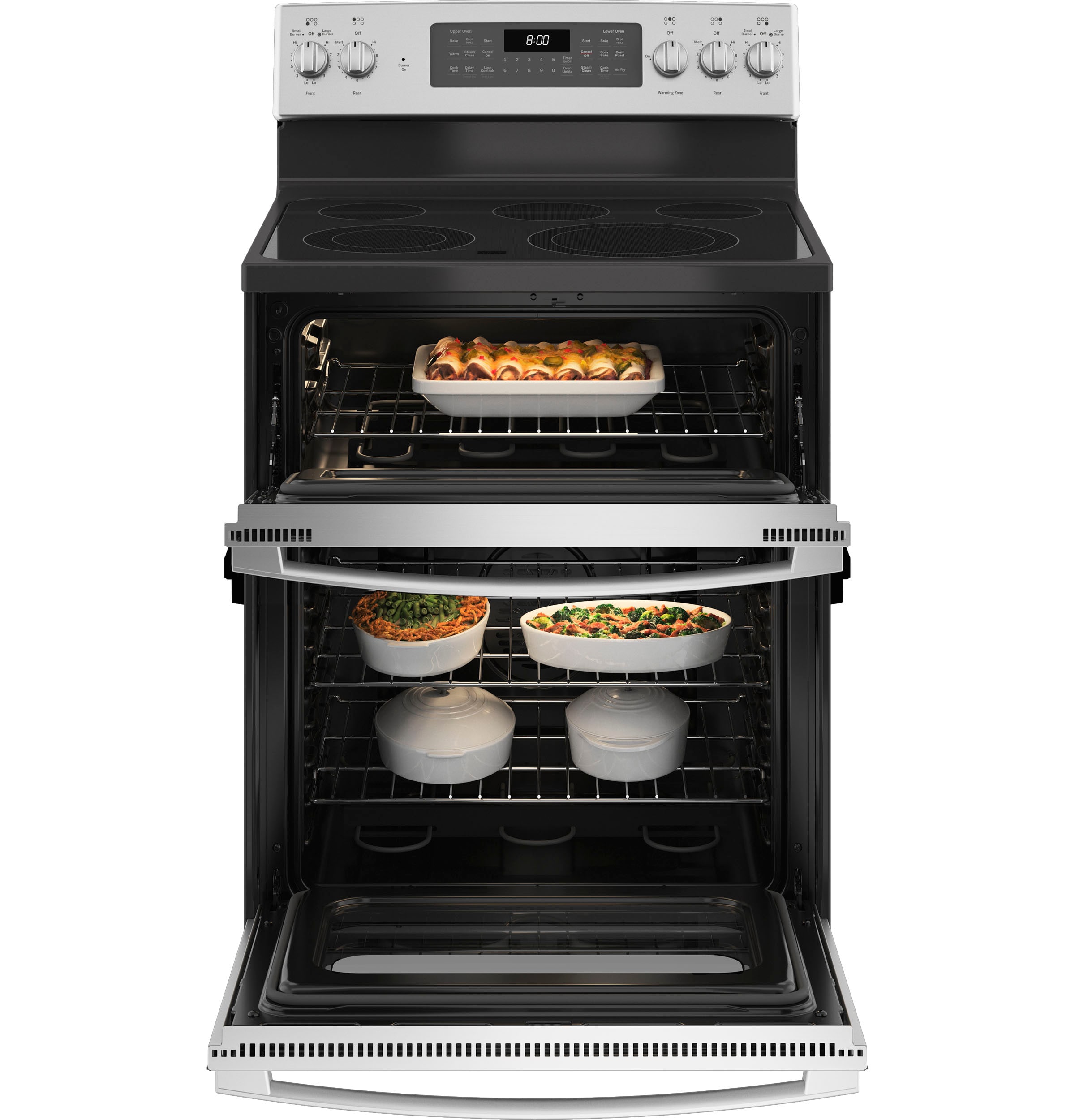 GE 30-in Glass Top 5 burners 4.4-cu ft / 2.2-cu ft Air Fry Convection Oven Freestanding Double Oven Electric Range ( Stainless Steel )