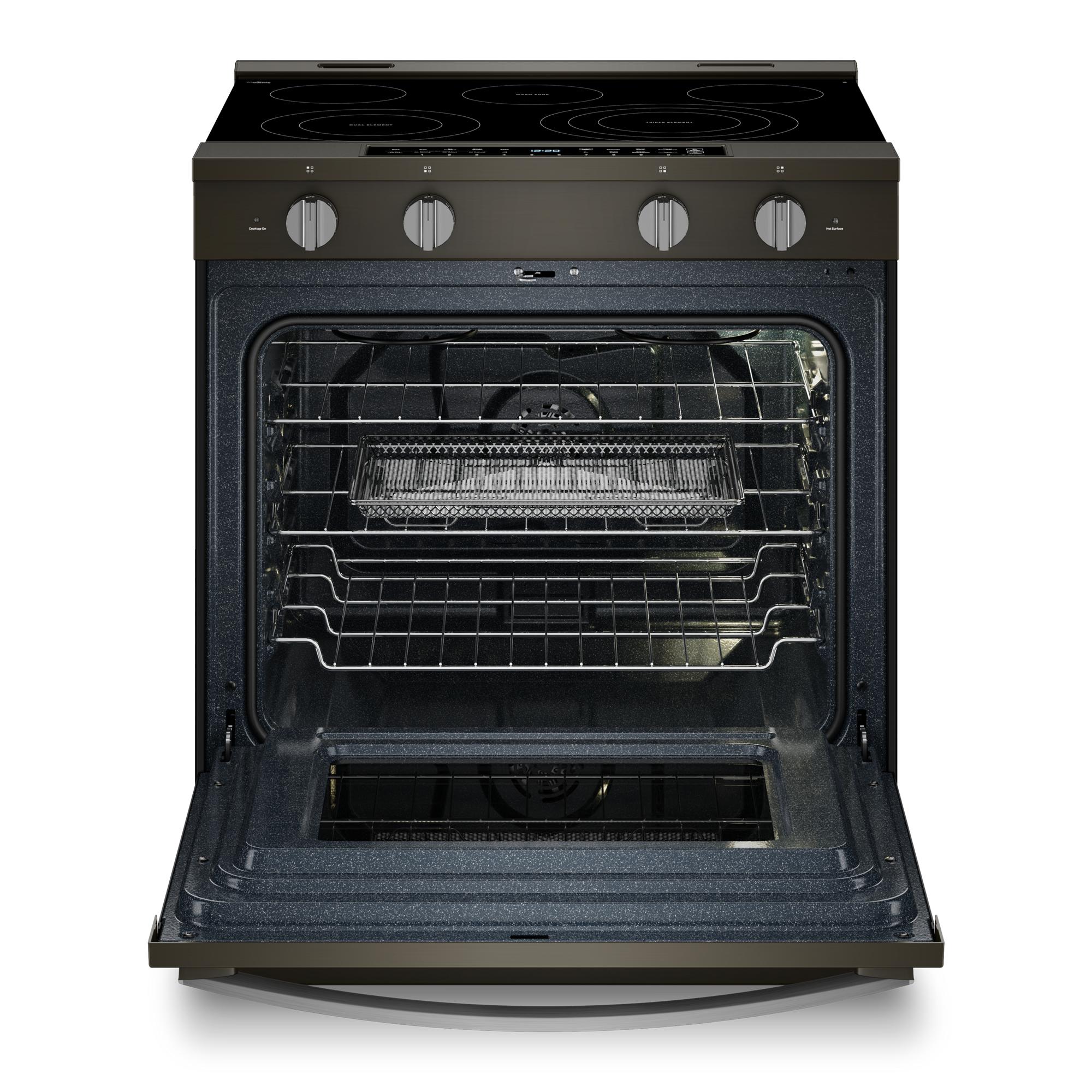 Whirlpool 30-in Glass Top 5 burners 5.3-cu ft Air Fry Convection Oven Slide-In Electric Range with WipeClean Coating ( Black Stainless )