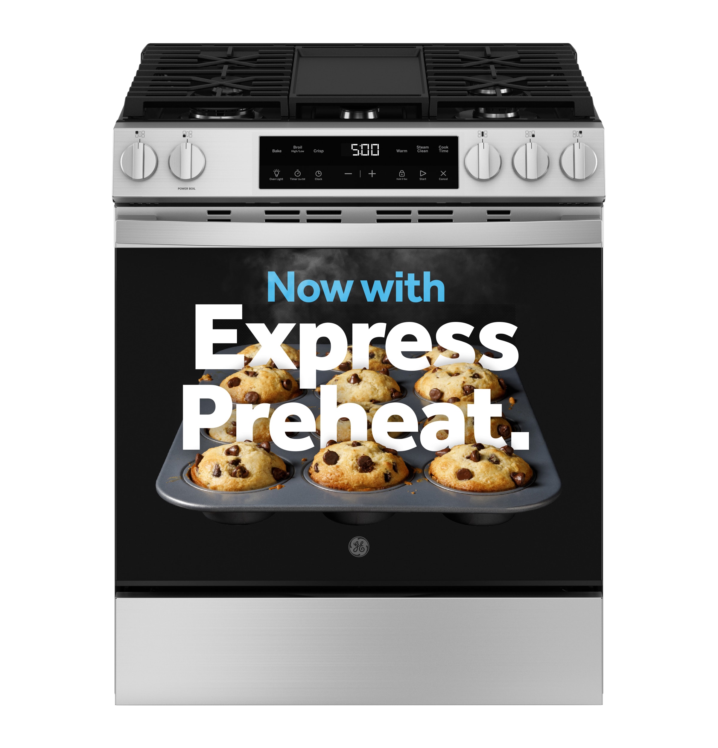 GE Crisp Mode 30-in 5 burners 5.3-cu ft Slide-In Natural Gas Range ( Stainless Steel )