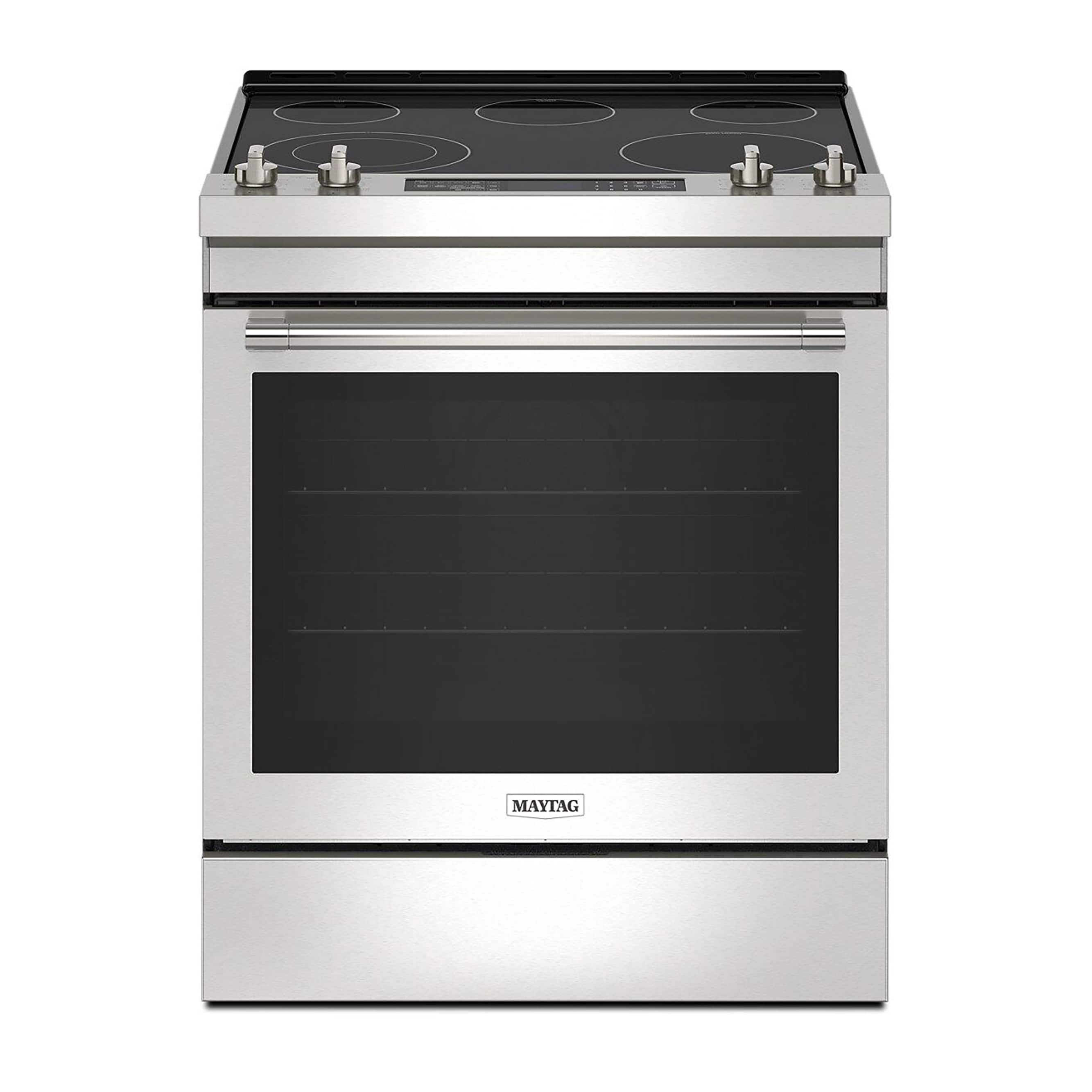Maytag 30-in Glass Top 5 burners 6.4-cu ft Air Fry Convection Oven Slide-In Electric Range Fingerprint Resistant Stainless Steel )