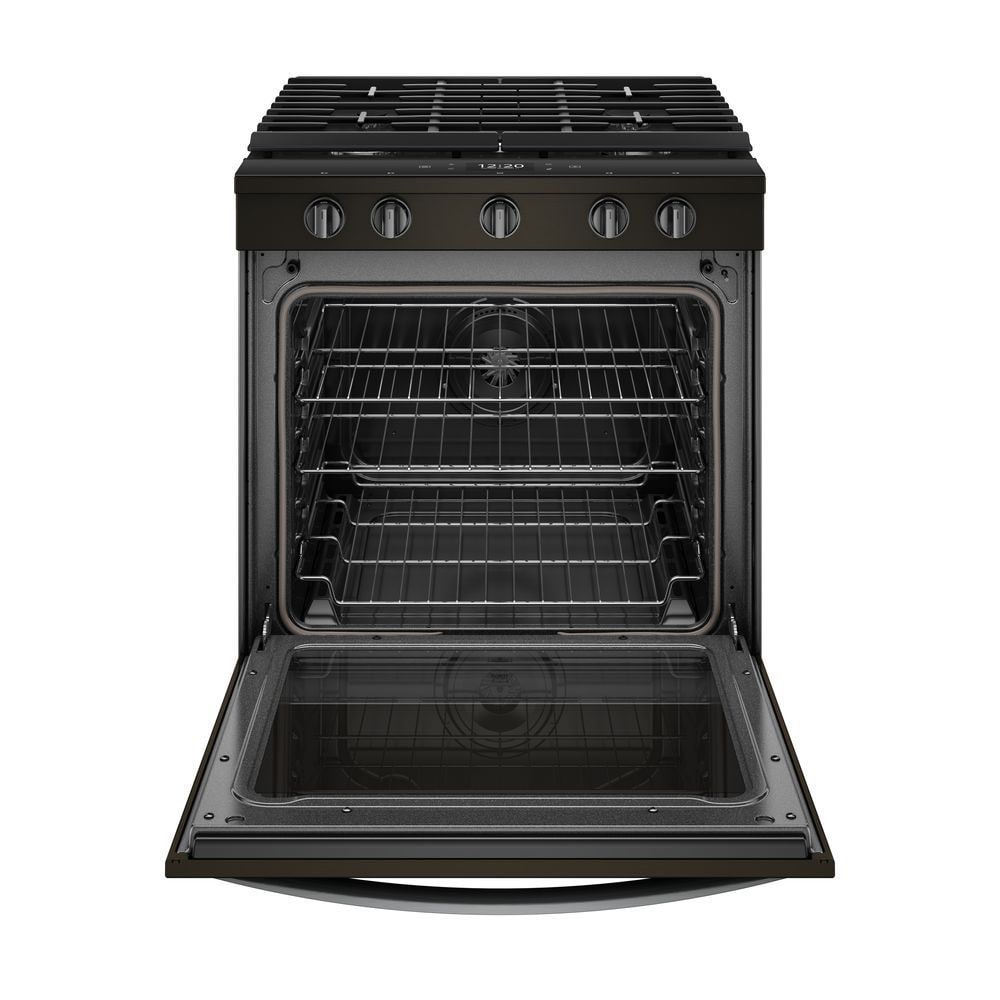 Whirlpool 30-in 5 burners 5.8-cu ft Air Fry Convection Oven Slide-In Fingerprint Resistant Black Stainless )