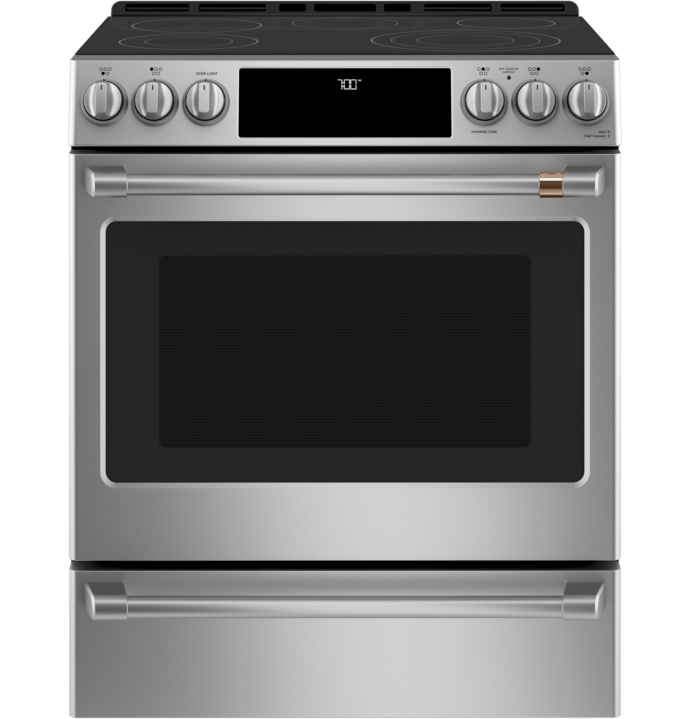 Cafe 30-in Glass Top 5 burners 5.7-cu ft Air Fry Convection Oven Slide-In Electric Range ( Stainless Steel with Brushed Stainless Handles )