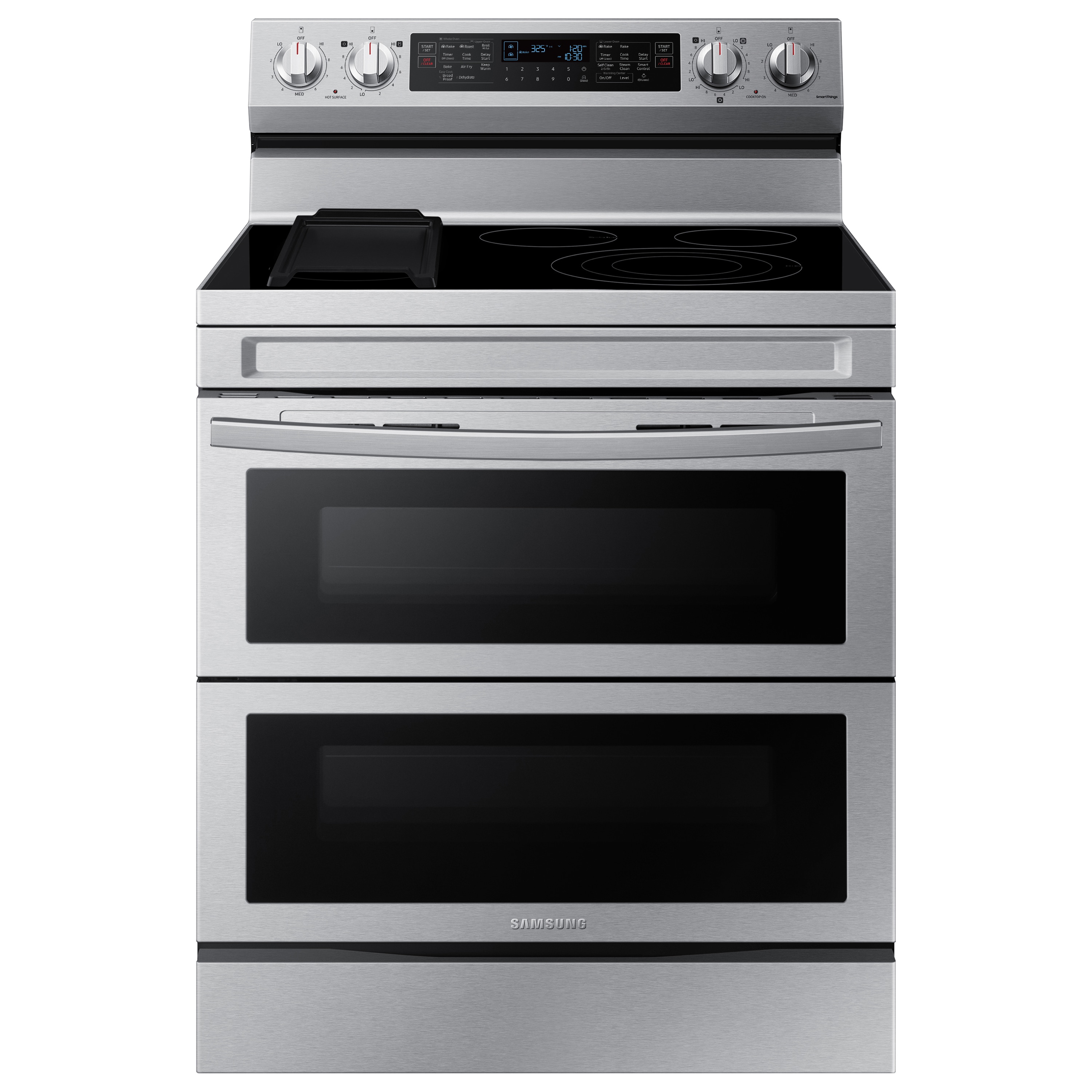 Samsung 30-in Glass Top 5 burners 3.4-cu ft / 2.7-cu ft Air Fry Convection Oven Freestanding Double Oven Electric Range ( Fingerprint Resistant Stainless Steel )