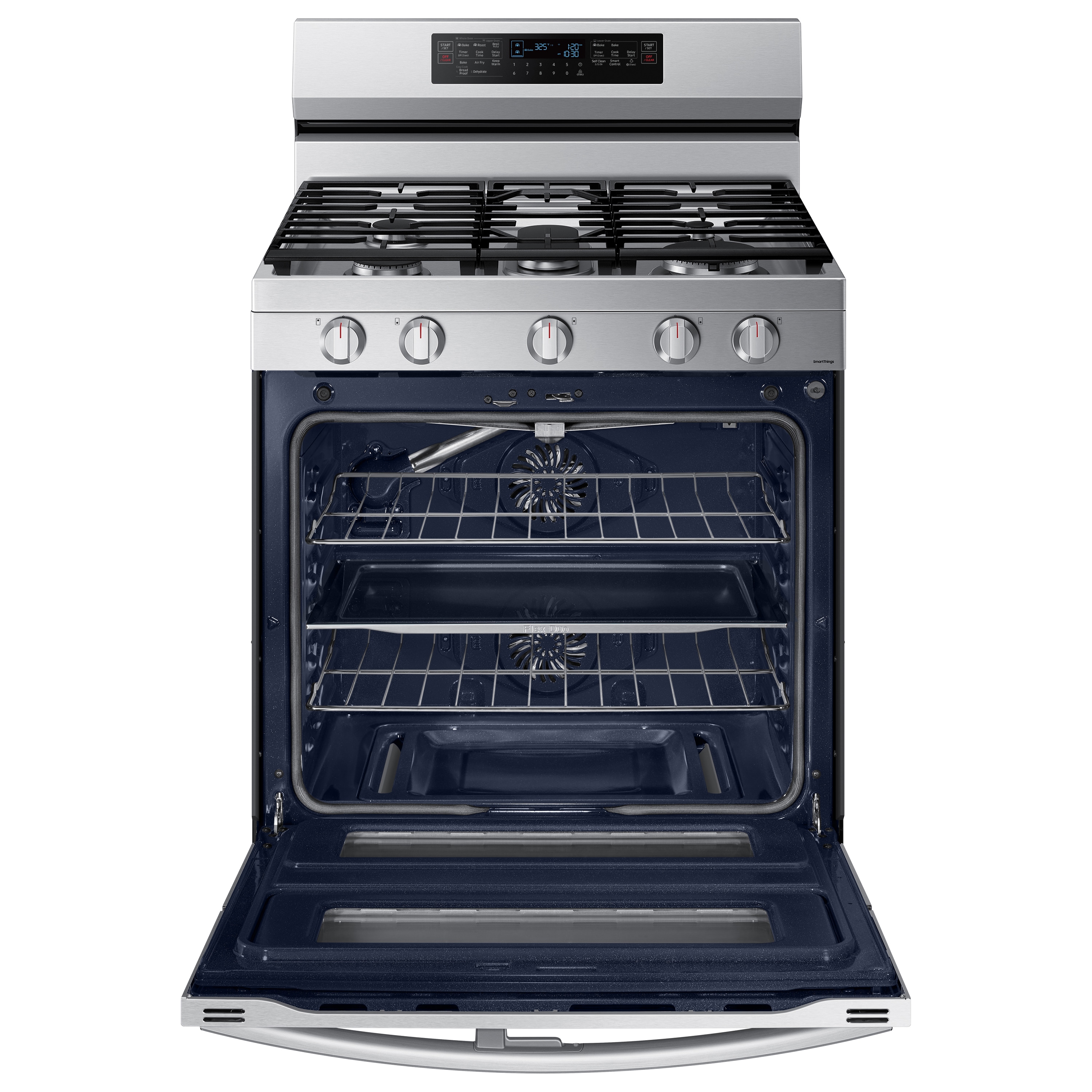 Samsung 30-in 5 burners 3.4-cu ft / 2.5-cu ft Air Fry Convection Oven Freestanding Double Oven Gas Range ( Fingerprint Resistant Stainless Steel )