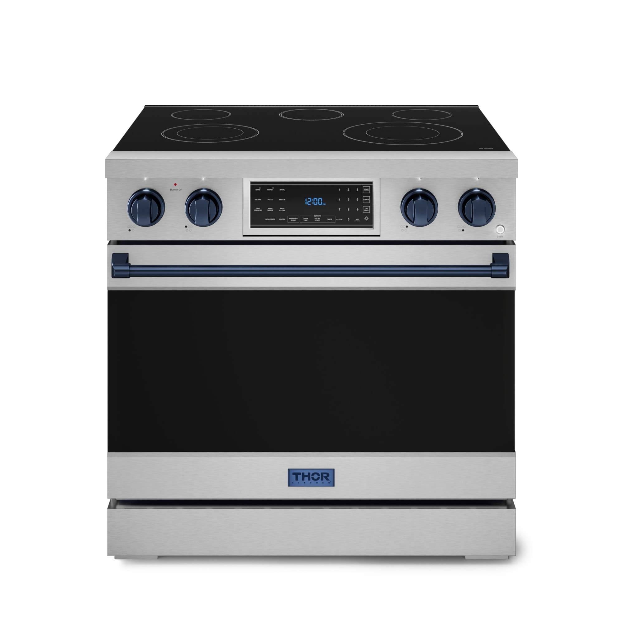 Thor Kitchen Gordon Ramsay Series 36-in Glass Top 5 burners 6-cu ft Air Fry Convection Oven Freestanding Electric Range ( Stainless Steel with Navy Blue Accents )
