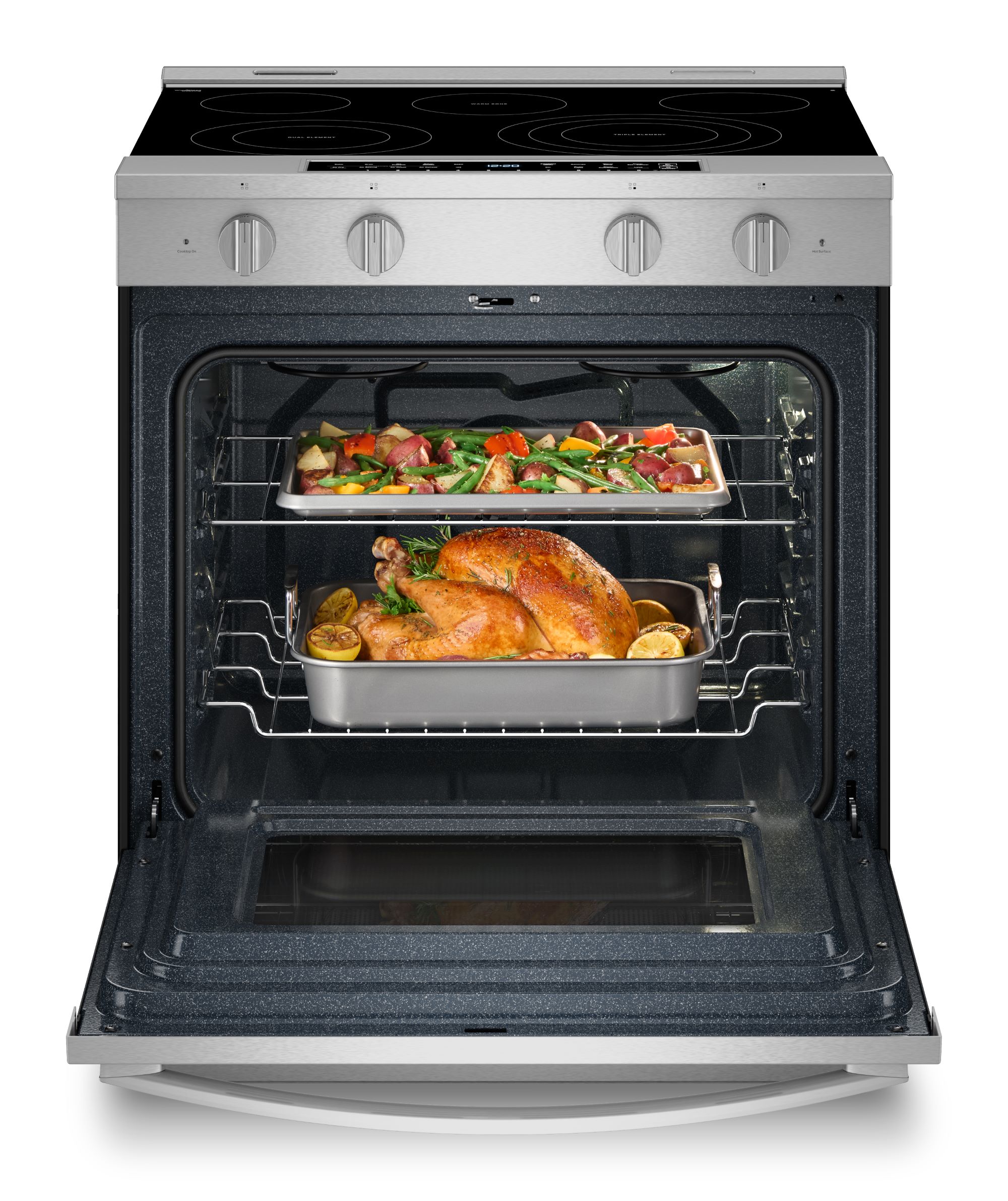 Whirlpool 30-in Glass Top 5 burners 5.3-cu ft Air Fry Convection Oven Slide-In Electric Range with WipeClean Coating ( Fingerprint Resistant Stainless Steel )