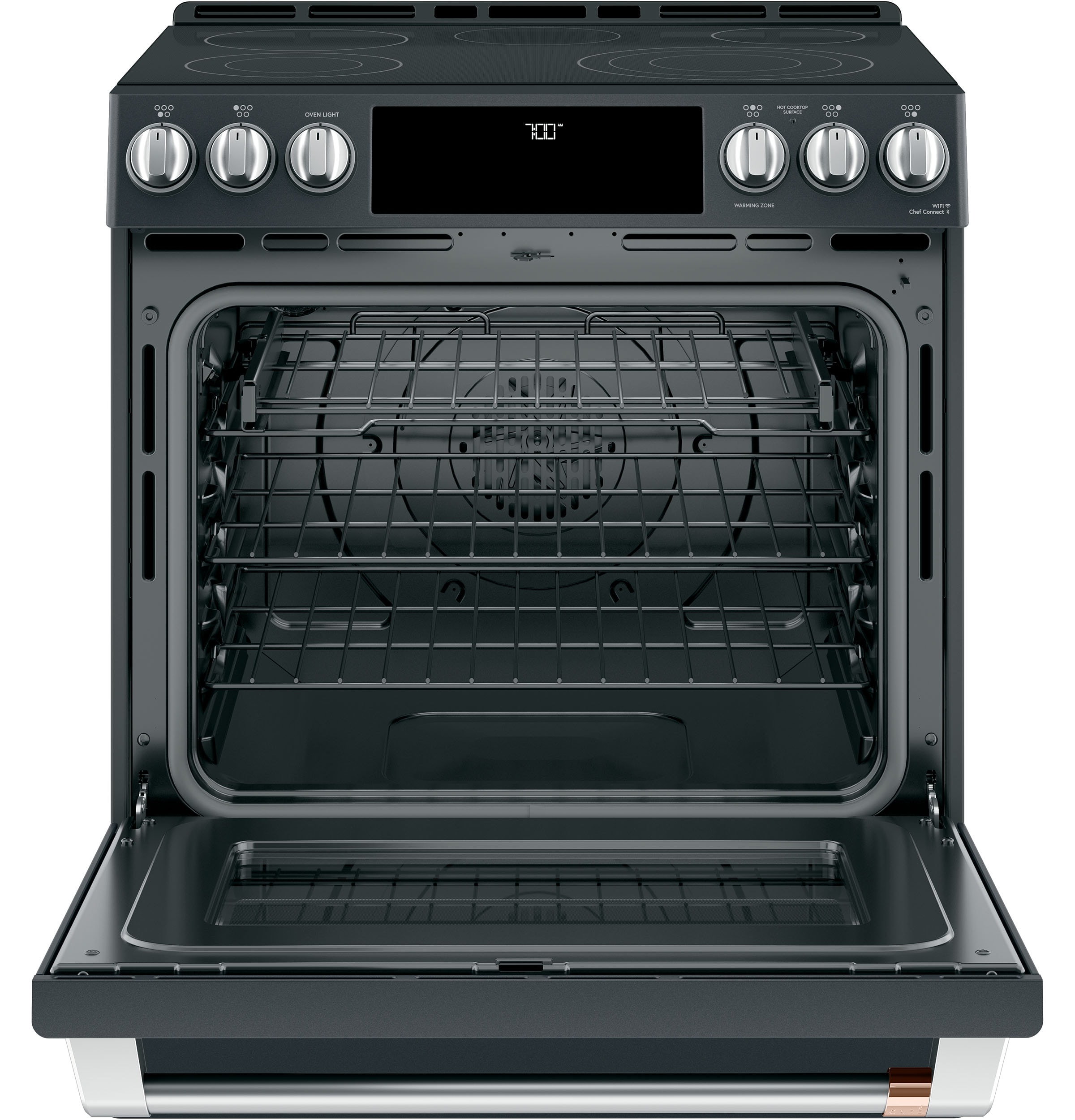 Cafe 30-in Glass Top 5 burners 5.7-cu ft Air Fry Convection Oven Slide-In Electric Range ( Matte Black )