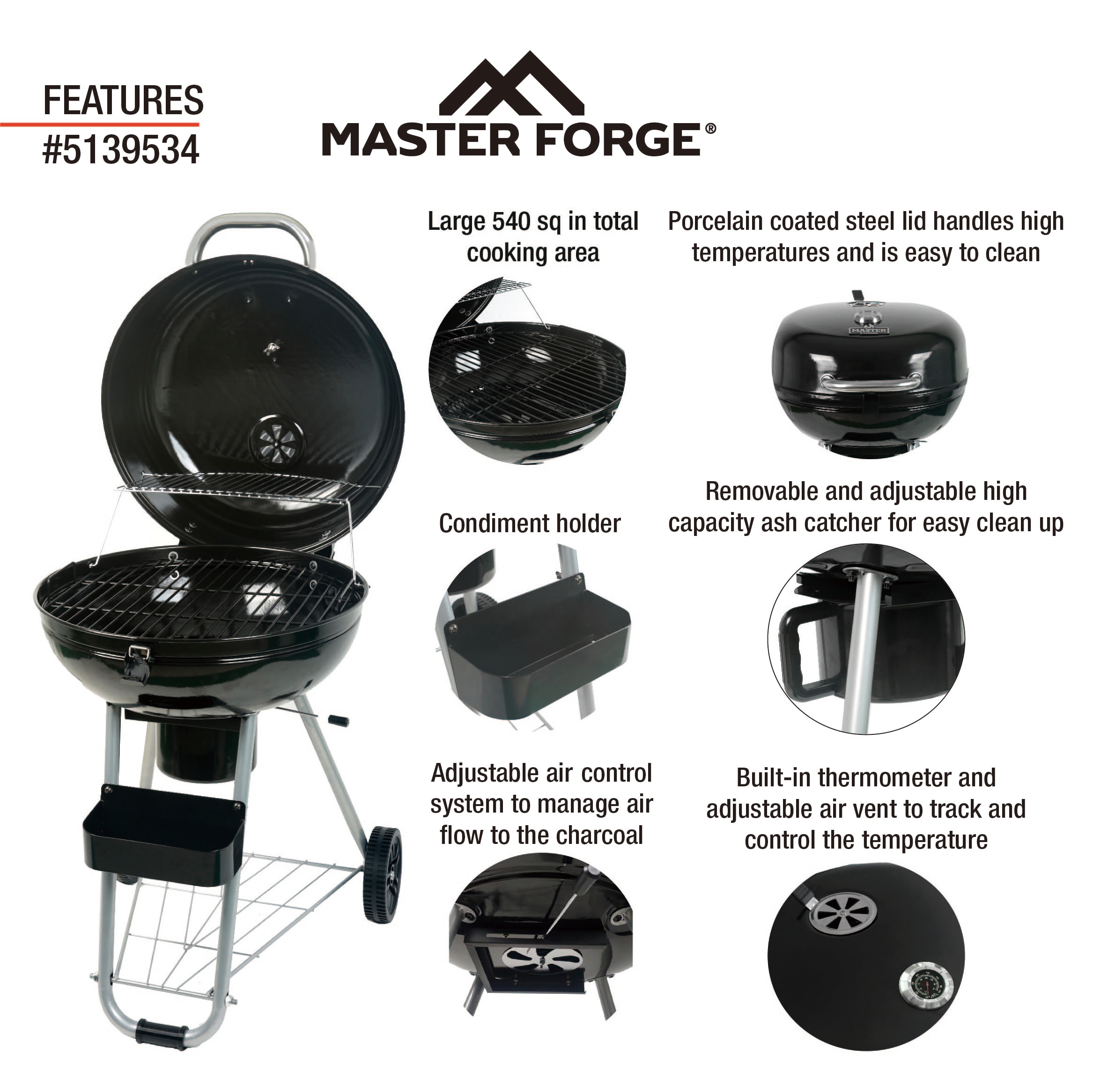Master Forge 22.17-in W Black porcelain coated Kettle Charcoal Grill