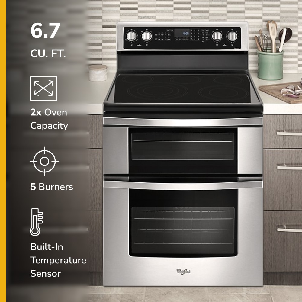 Whirlpool 30-in Glass Top 5 burners 4.2-cu ft / 2.5-cu ft Convection Oven Freestanding Double Oven Electric Range ( Stainless steel )