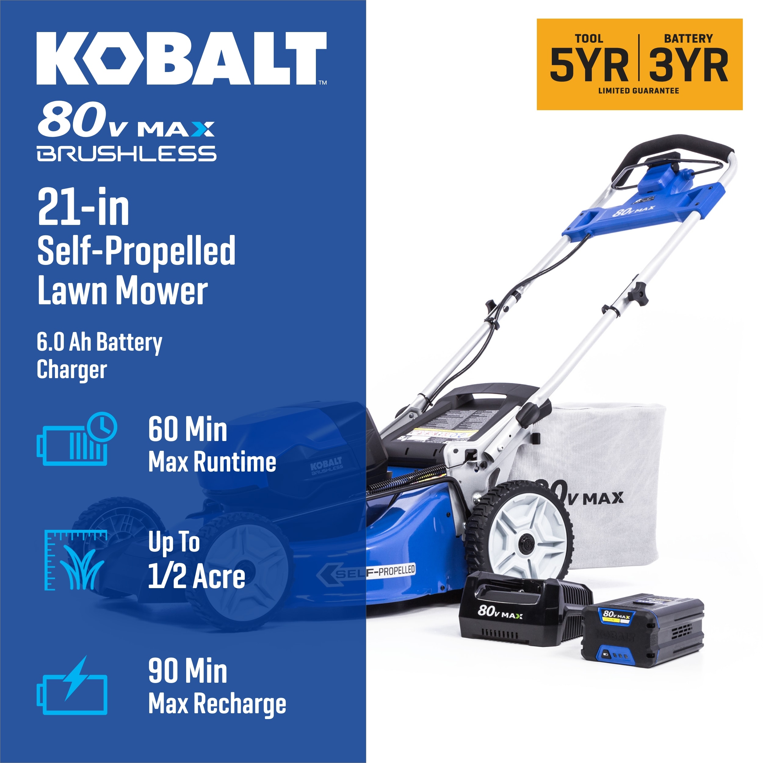 Kobalt 80-volt, 21-in Self Propelled Battery Walk Mower with 6 Ah Battery Included