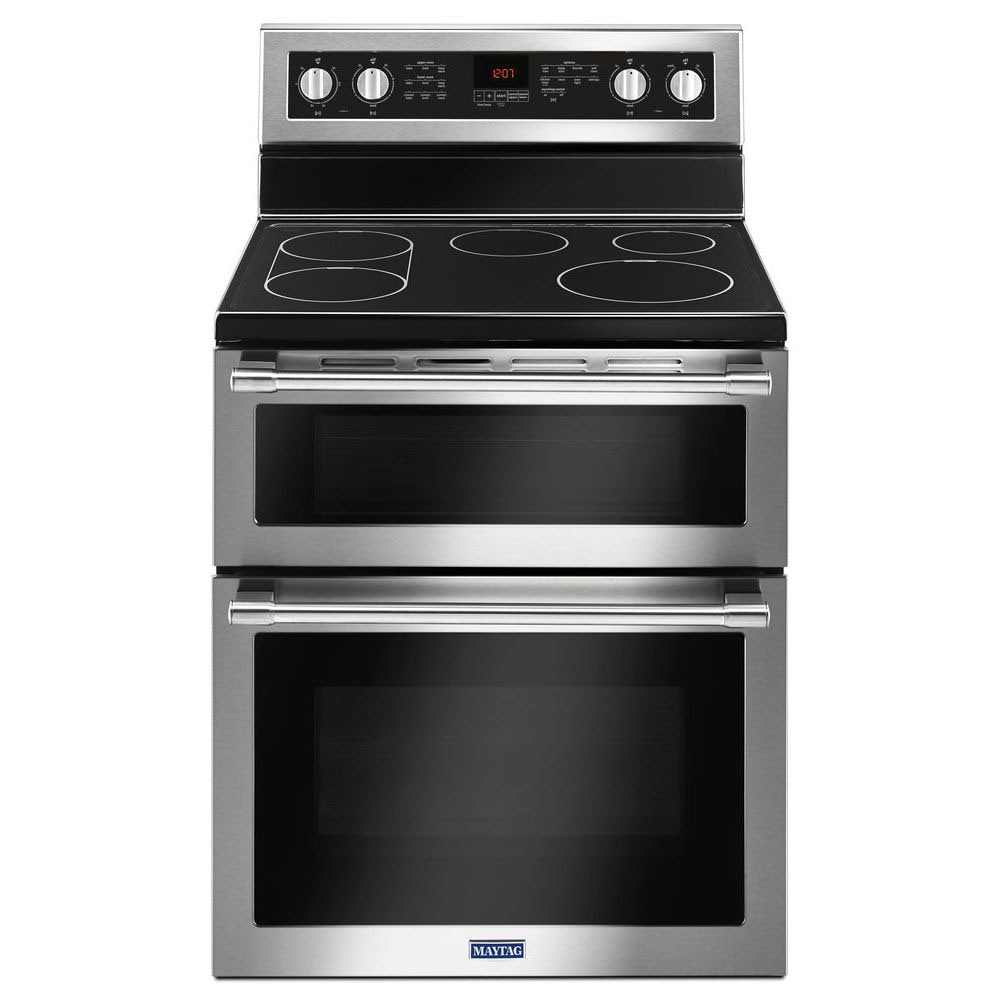 Maytag 30-in Glass Top 5 burners 4.2-cu ft / 2.5-cu ft Convection Oven Freestanding Double Oven Electric Range ( Fingerprint Resistant Stainless Steel )
