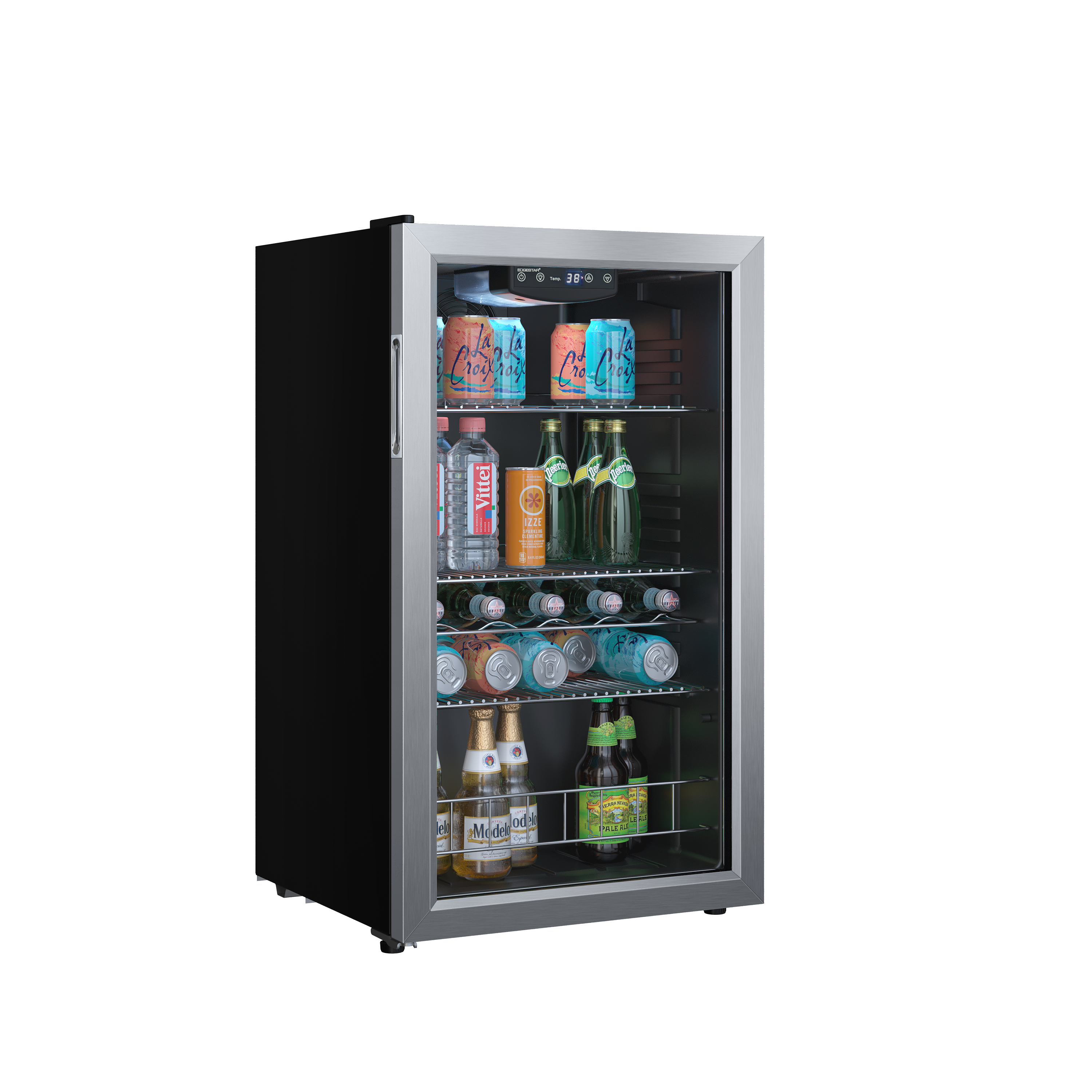 EdgeStar 18.875-Inches W 105 -Can Capacity Black Cabinet Stainless Steel Door Freestanding Indoor Beverage Refrigerator with Glass Door