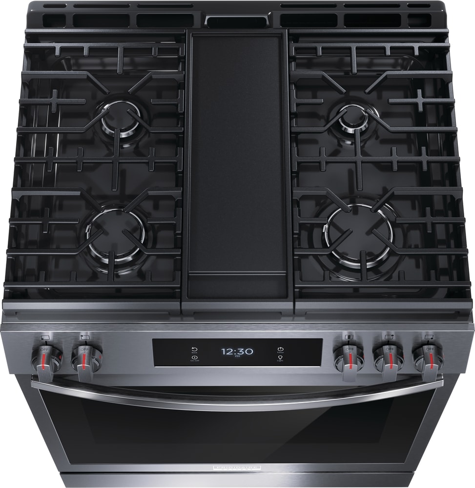 Frigidaire Gallery 30-in 5 burners 6-cu ft Air Fry Convection Oven Slide-In Gas Range ( Smudge-Proof Black Stainless Steel )