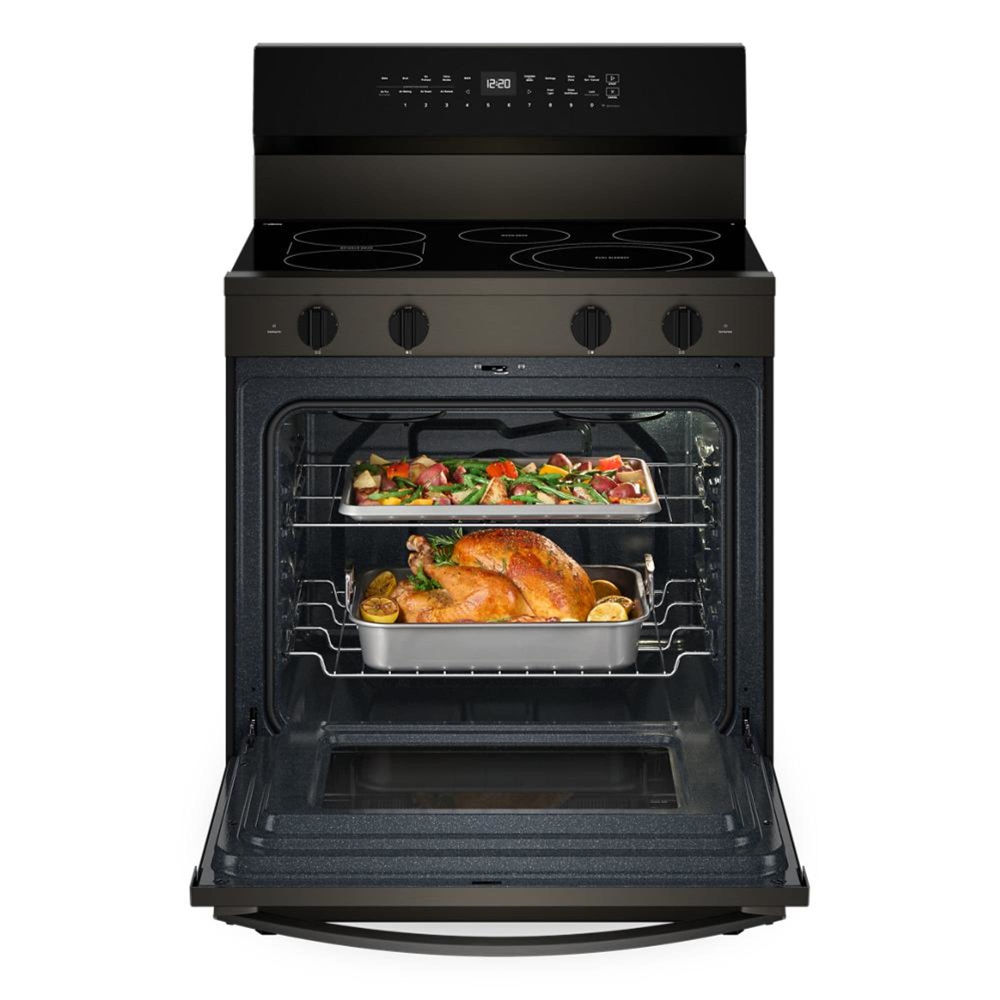 Whirlpool High Speed Preheat 30-in Glass Top 5 burners 5.3-cu ft Convection Oven Freestanding Electric Range with WipeClean Coating ( Black Stainless Steel )