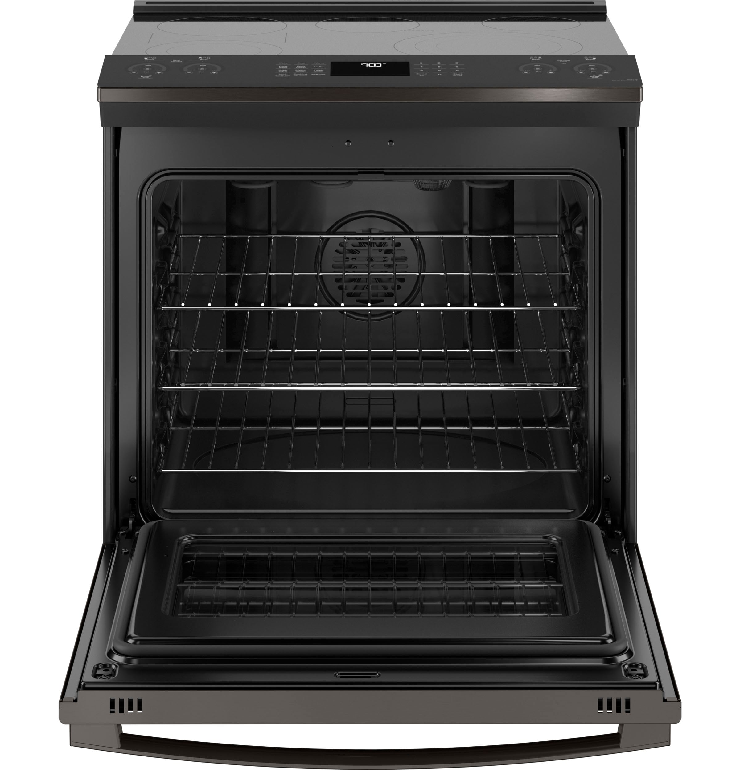 GE Profile 30-in Glass Top 5 burners 5.3-cu ft Air Fry Convection Oven Slide-In Electric Range ( Black Stainless )