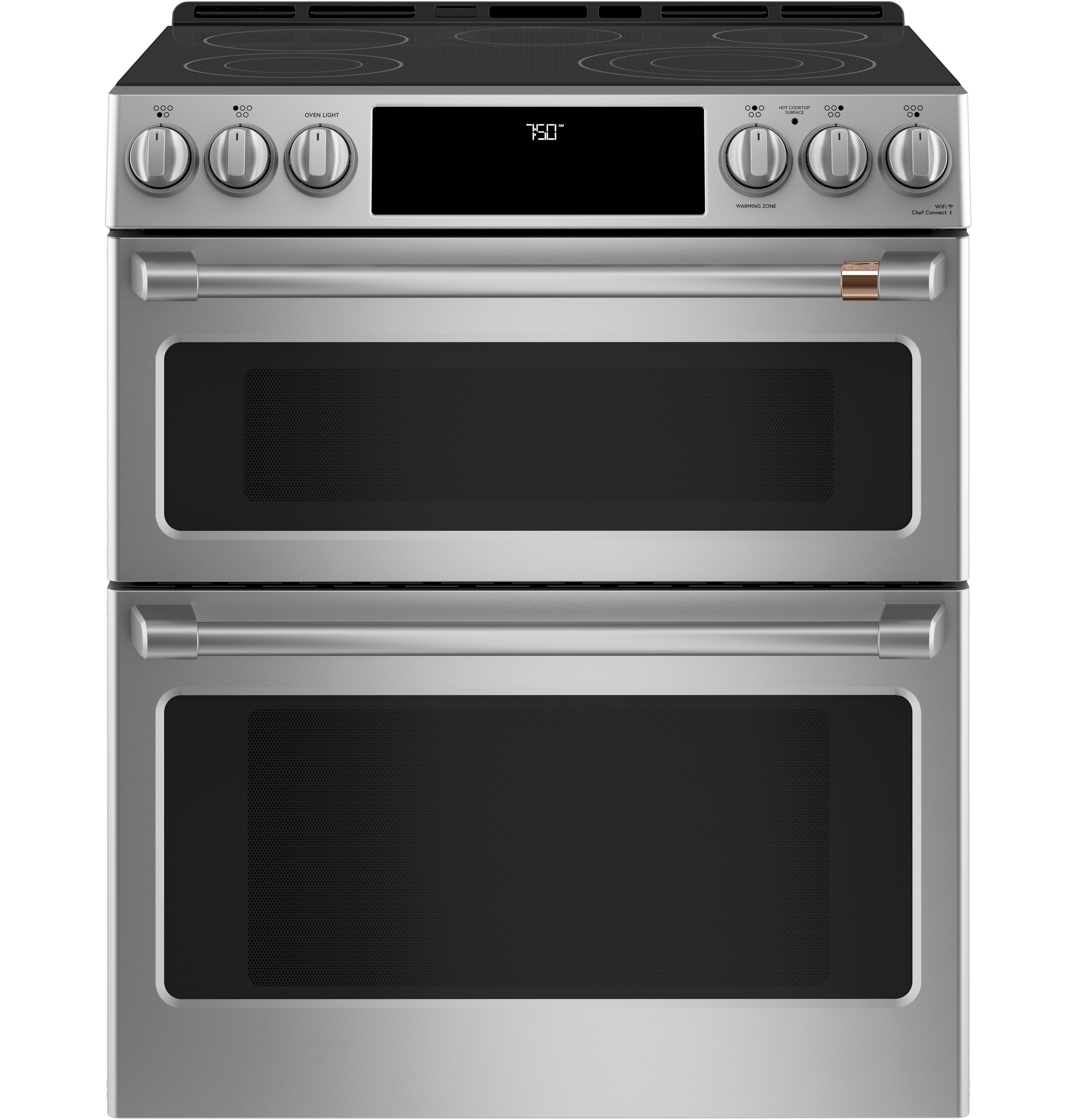 Cafe 30-in Glass Top 5 burners 4.4-cu ft / 2.2-cu ft Air Fry Convection Oven Slide-In Double Oven Electric Range ( Stainless Steel with Brushed Stainless Handles Knobs )