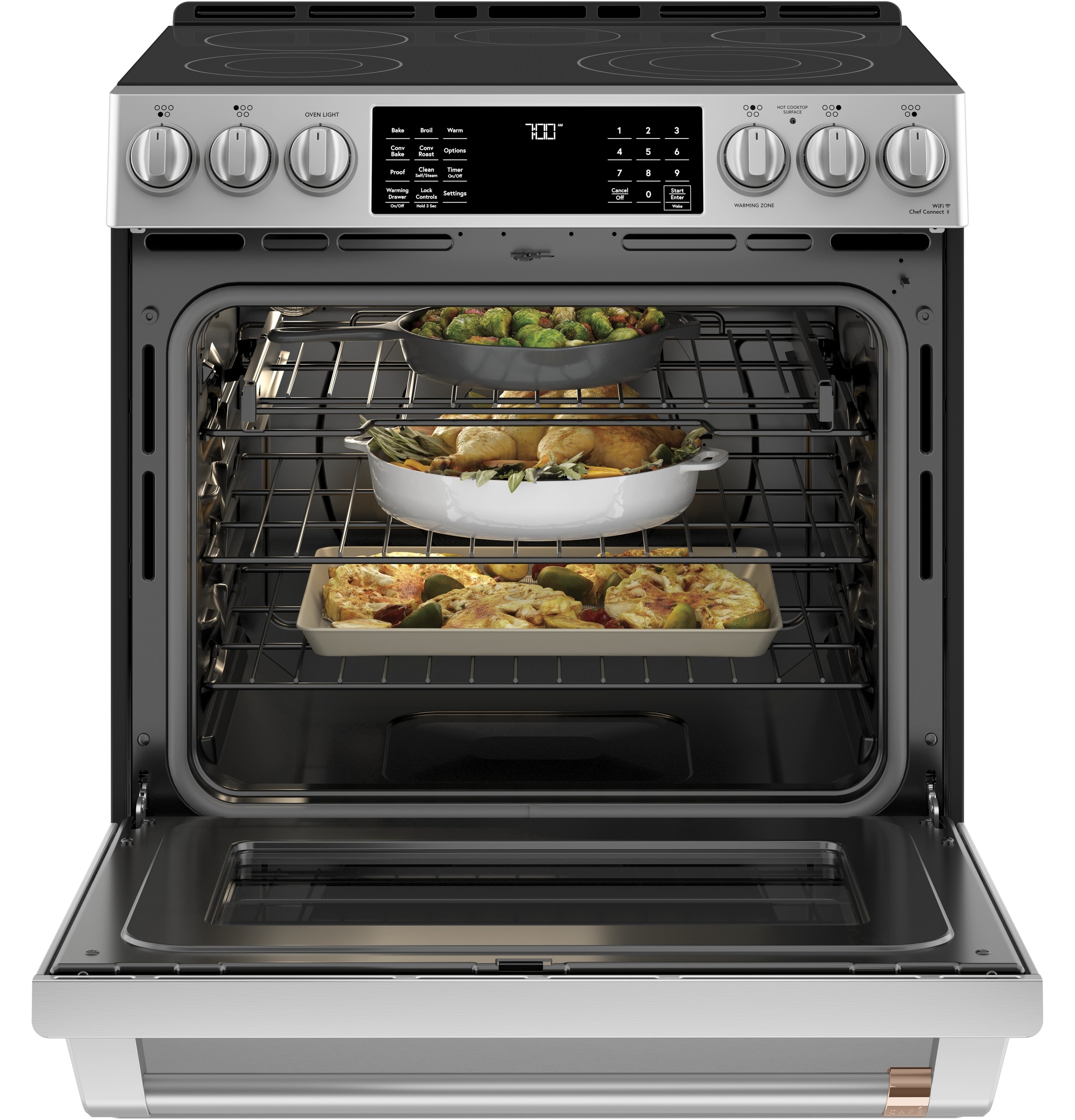 Cafe 30-in Glass Top 5 burners 5.7-cu ft Air Fry Convection Oven Slide-In Electric Range ( Stainless Steel with Brushed Stainless Handles )