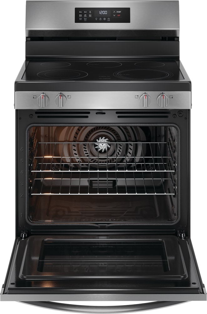 Frigidaire 30-in Glass Top 5 burners 5.3-cu ft Air Fry Convection Oven Freestanding Electric Range Stainless Steel )