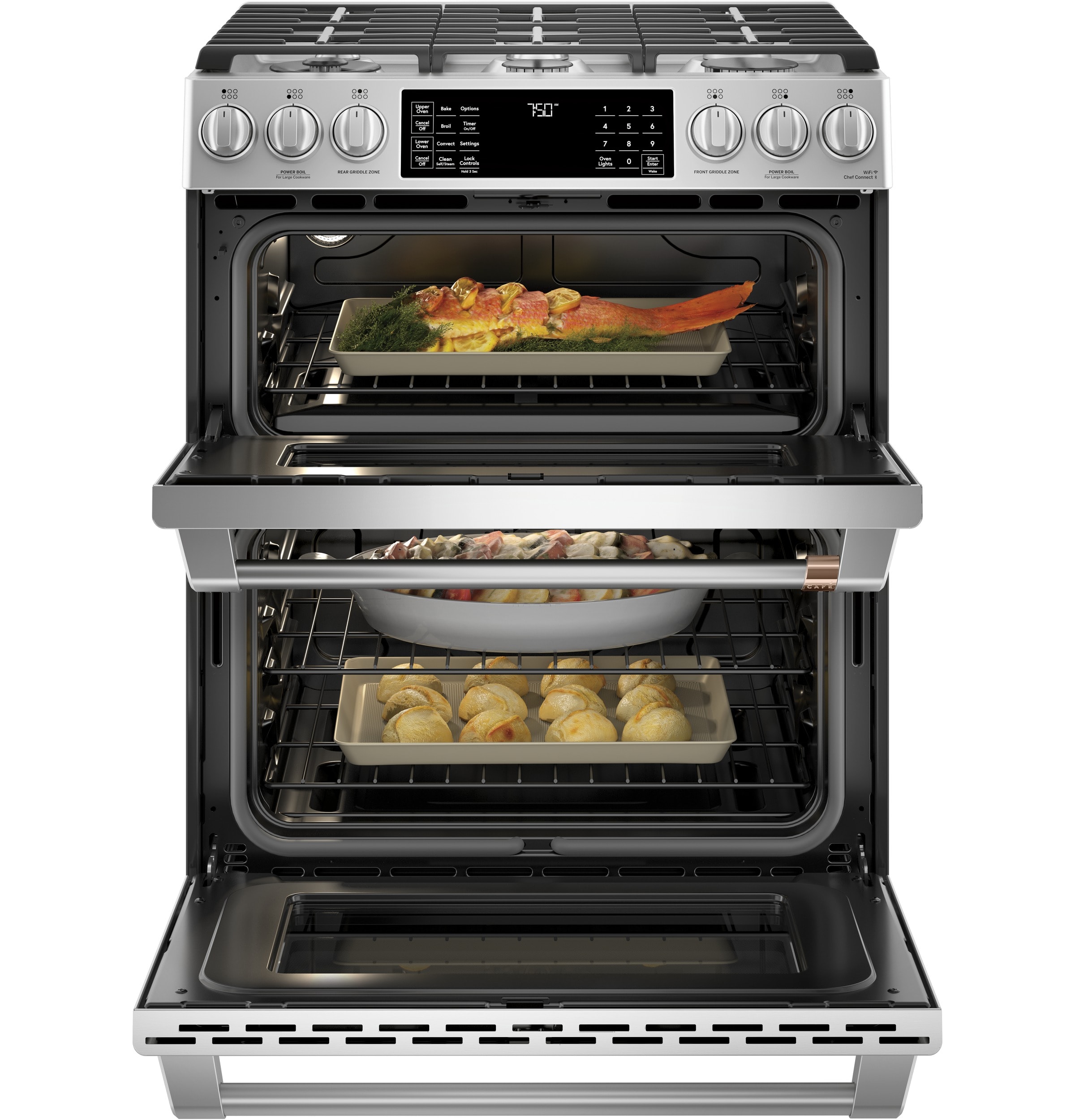 Cafe 30-in 6 burners 4.3-cu ft / 2.4-cu ft Air Fry Convection Oven Slide-In Double Oven Gas Range ( Stainless Steel with Brushed Stainless Handles Knobs )