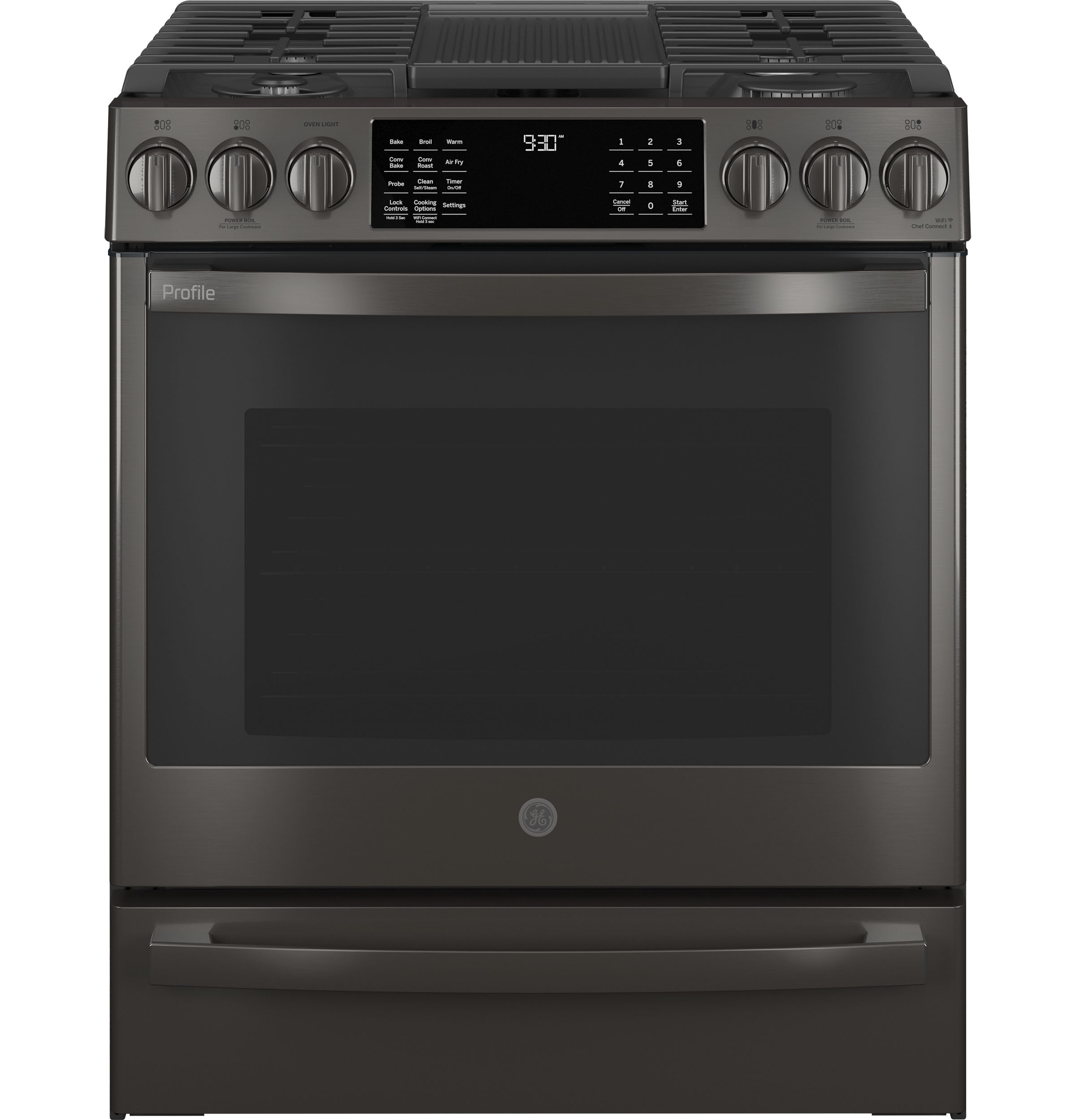 GE Profile 30-in 5 burners 5.6-cu ft Air Fry Convection Oven Slide-In Natural Gas Range ( Black Stainless )