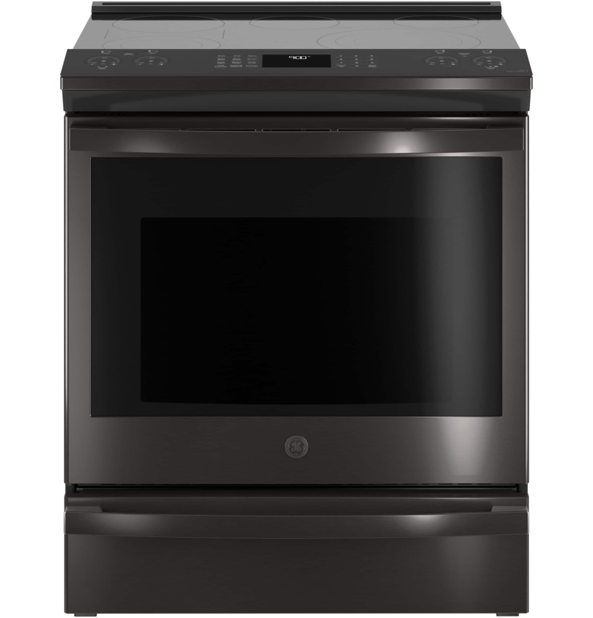 GE Profile 30-in Glass Top 5 burners 5.3-cu ft Air Fry Convection Oven Slide-In Electric Range ( Black Stainless )