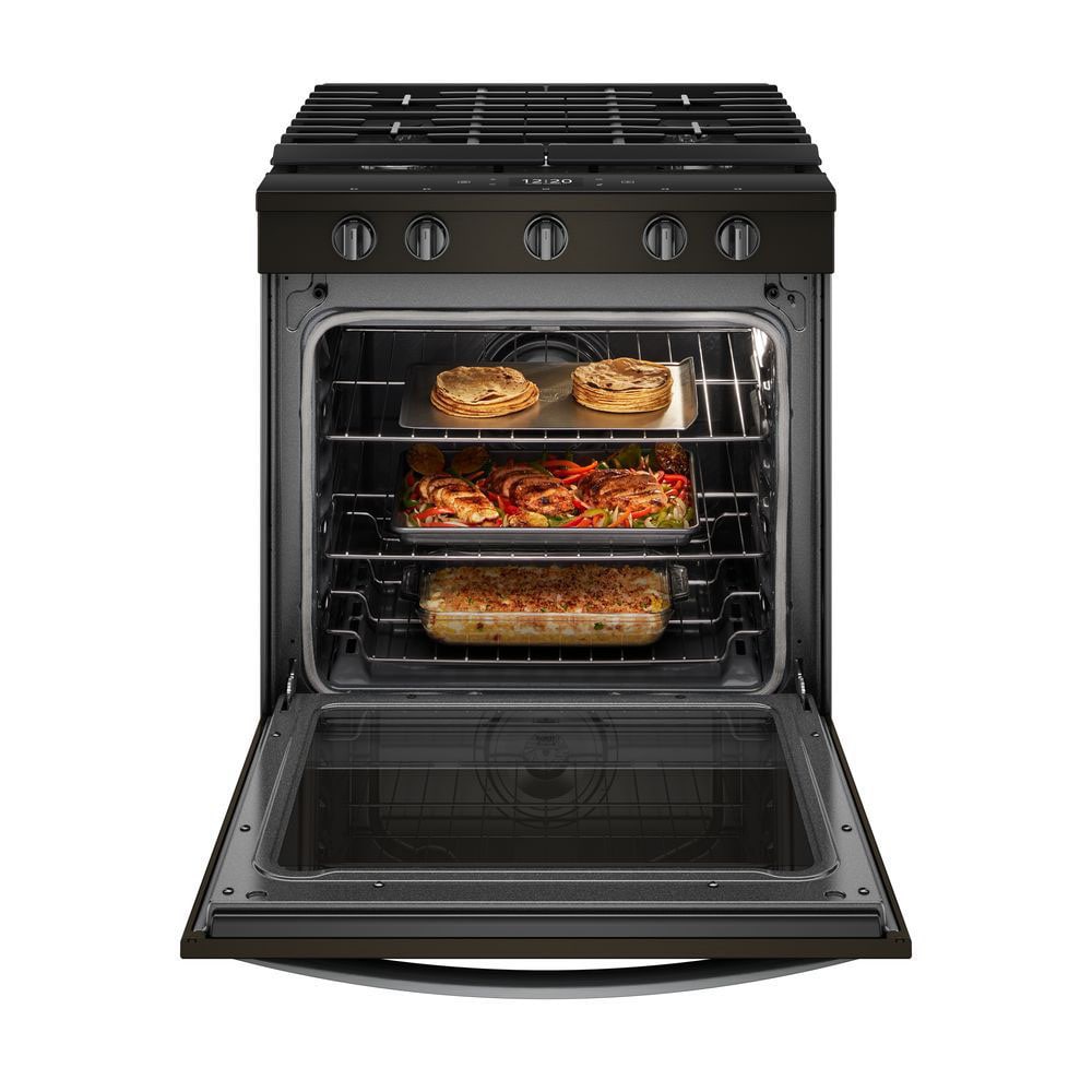 Whirlpool 30-in 5 burners 5.8-cu ft Air Fry Convection Oven Slide-In Fingerprint Resistant Black Stainless )