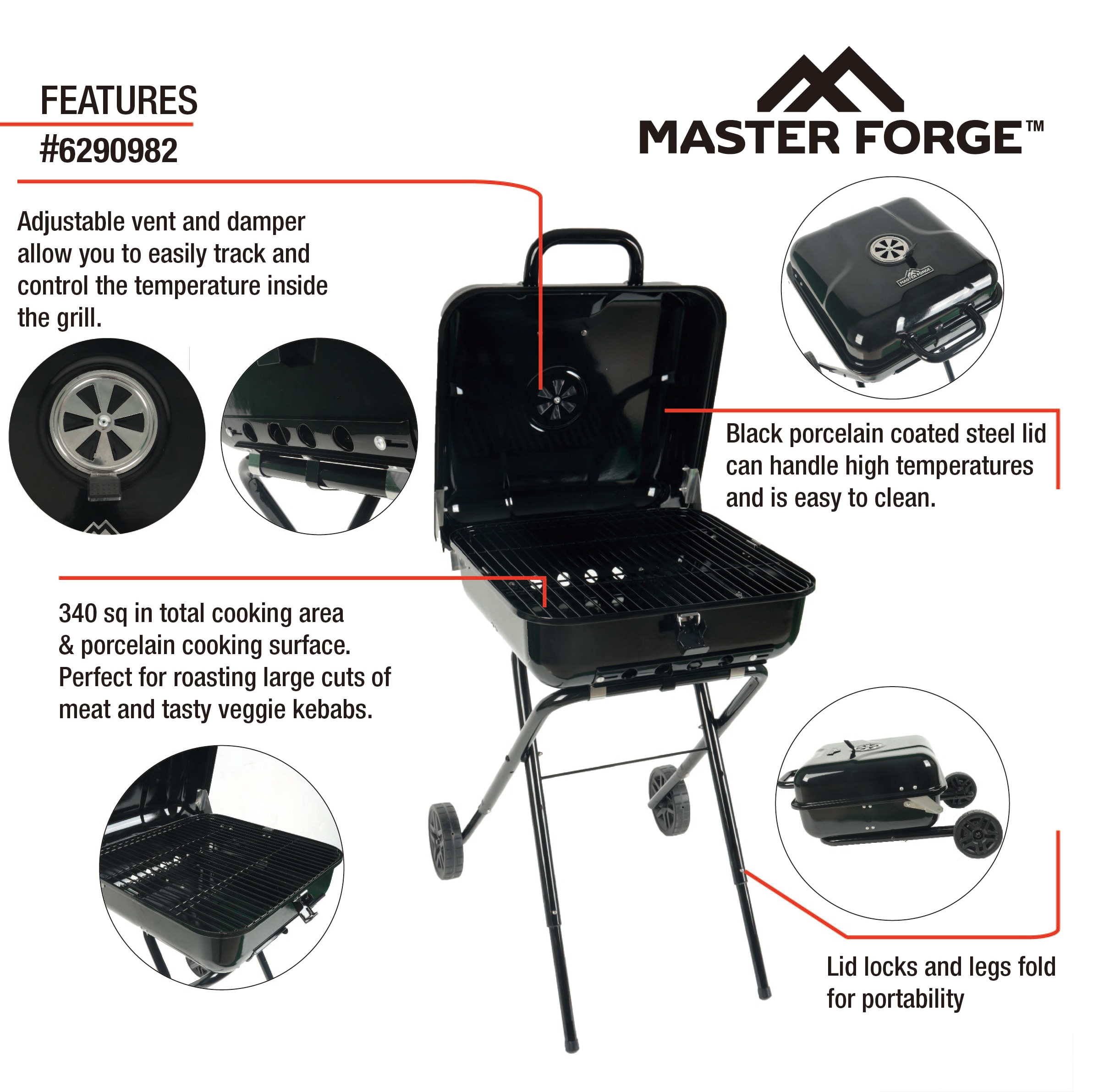 Master Forge 340-Sq. in Black Portable Charcoal Grill