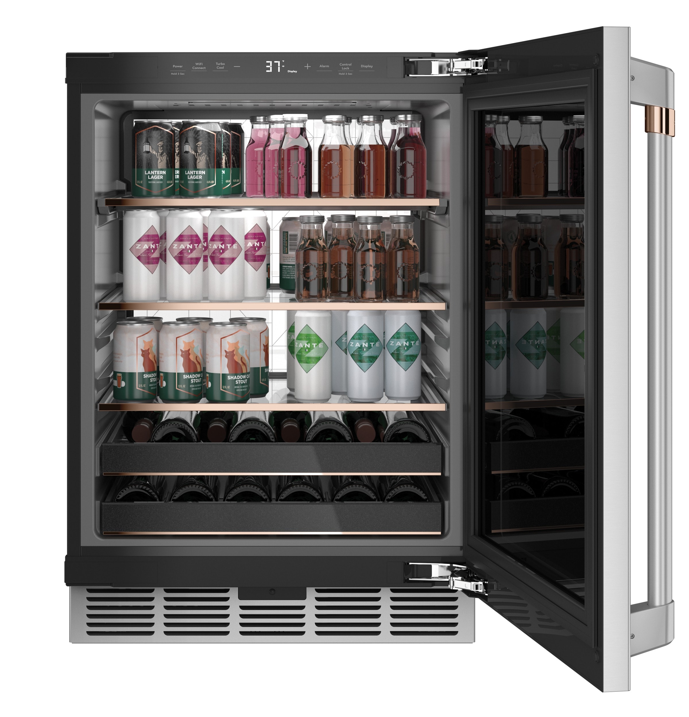 Cafe 23.75-in W 126 -Can Capacity Stainless Steel with Brushed Stainless Handles Built-in/Freestanding Indoor Beverage Refrigerator with Glass Door