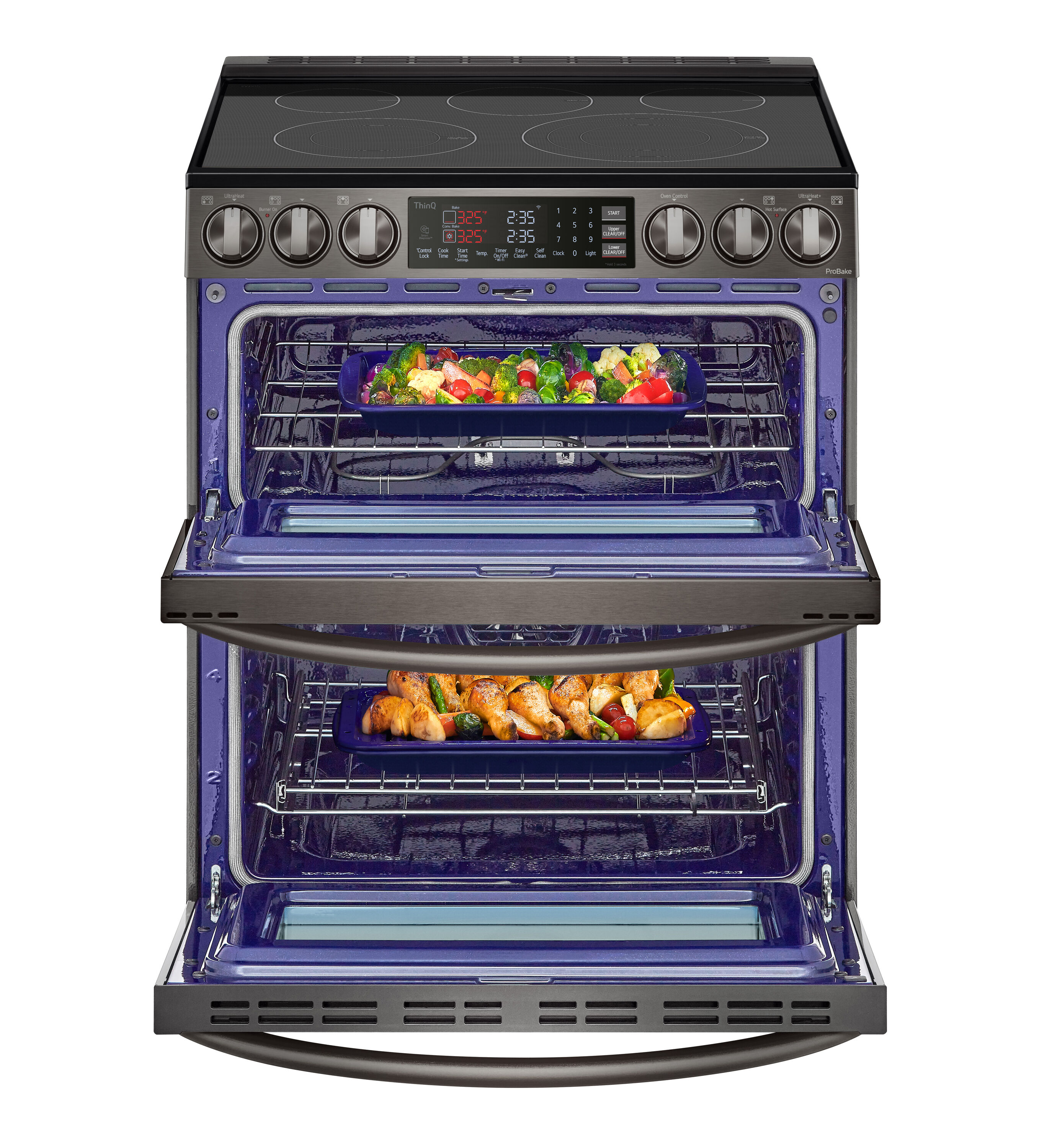 LG 30-in Glass Top 5 burners 4.3-cu ft / 3-cu ft Convection Oven Slide-In Double Oven Electric Range ( Black Stainless Steel )