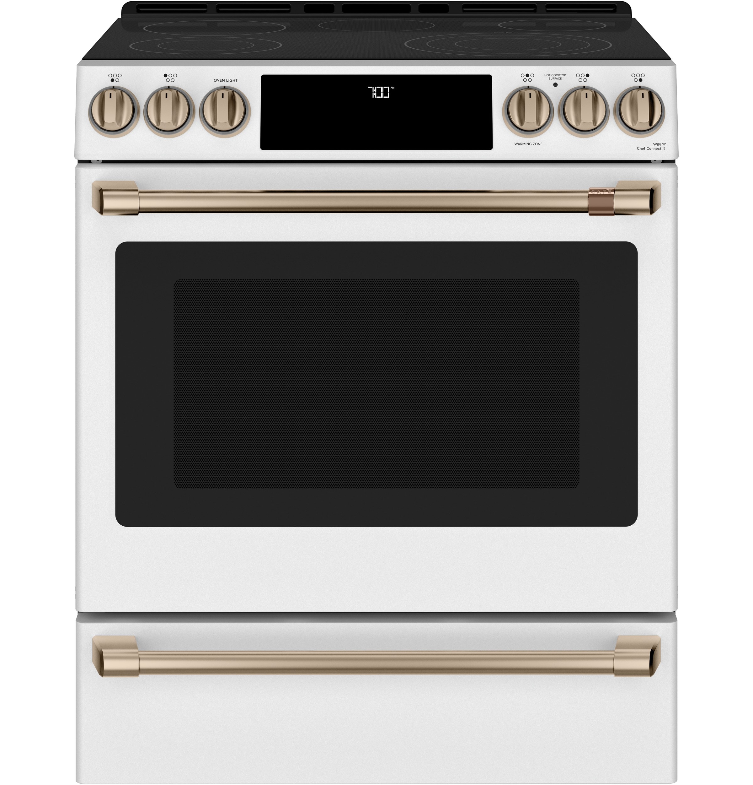 Cafe 30-in Glass Top 5 burners 5.7-cu ft Air Fry Convection Oven Slide-In Electric Range ( Matte White )