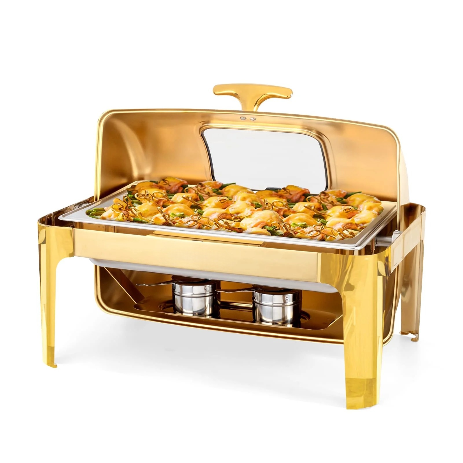 9 QT Roll Top Rectangle Gold Chafing Dish Set with Visible Window