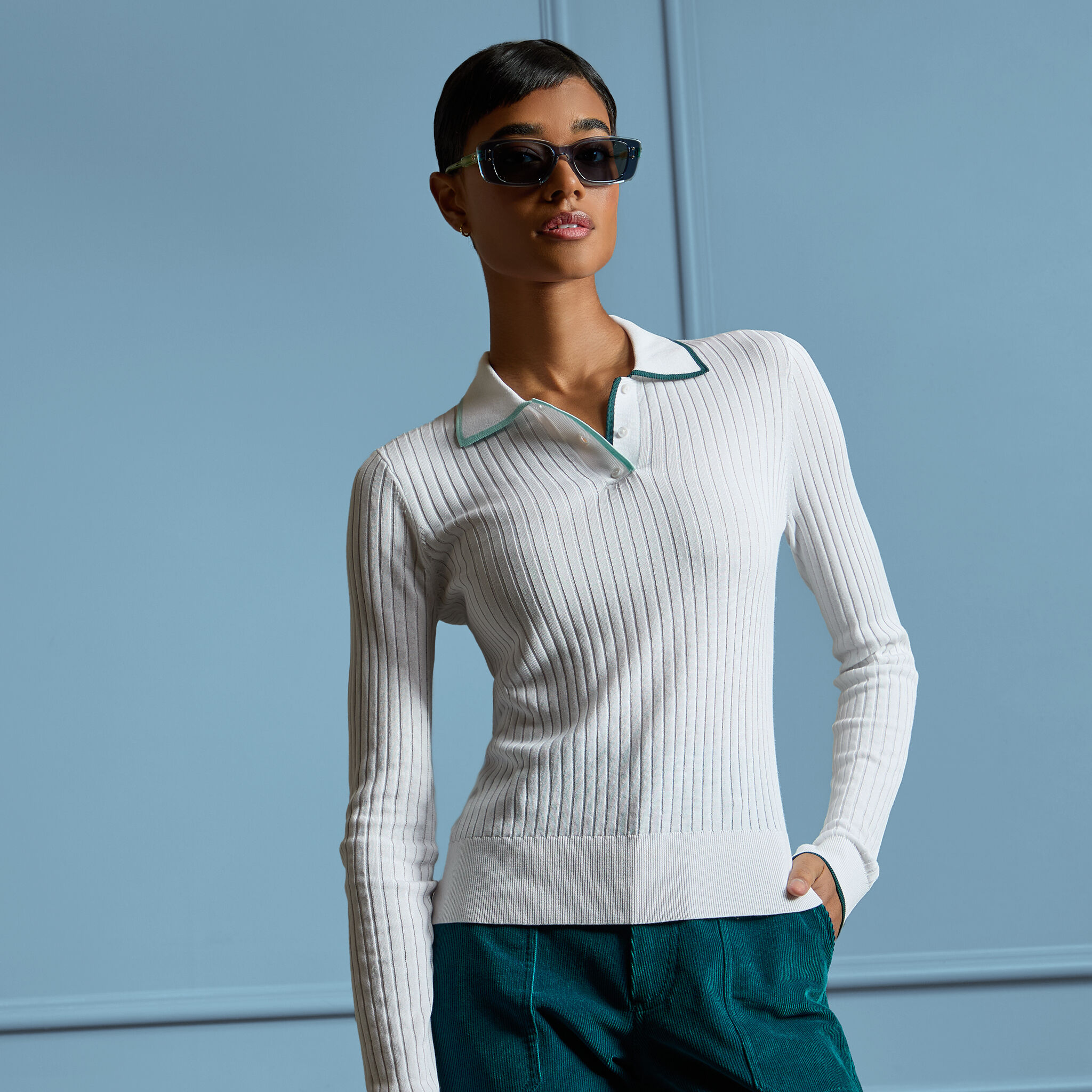 COTTON BLEND LONG SLEEVE KNIT POLO