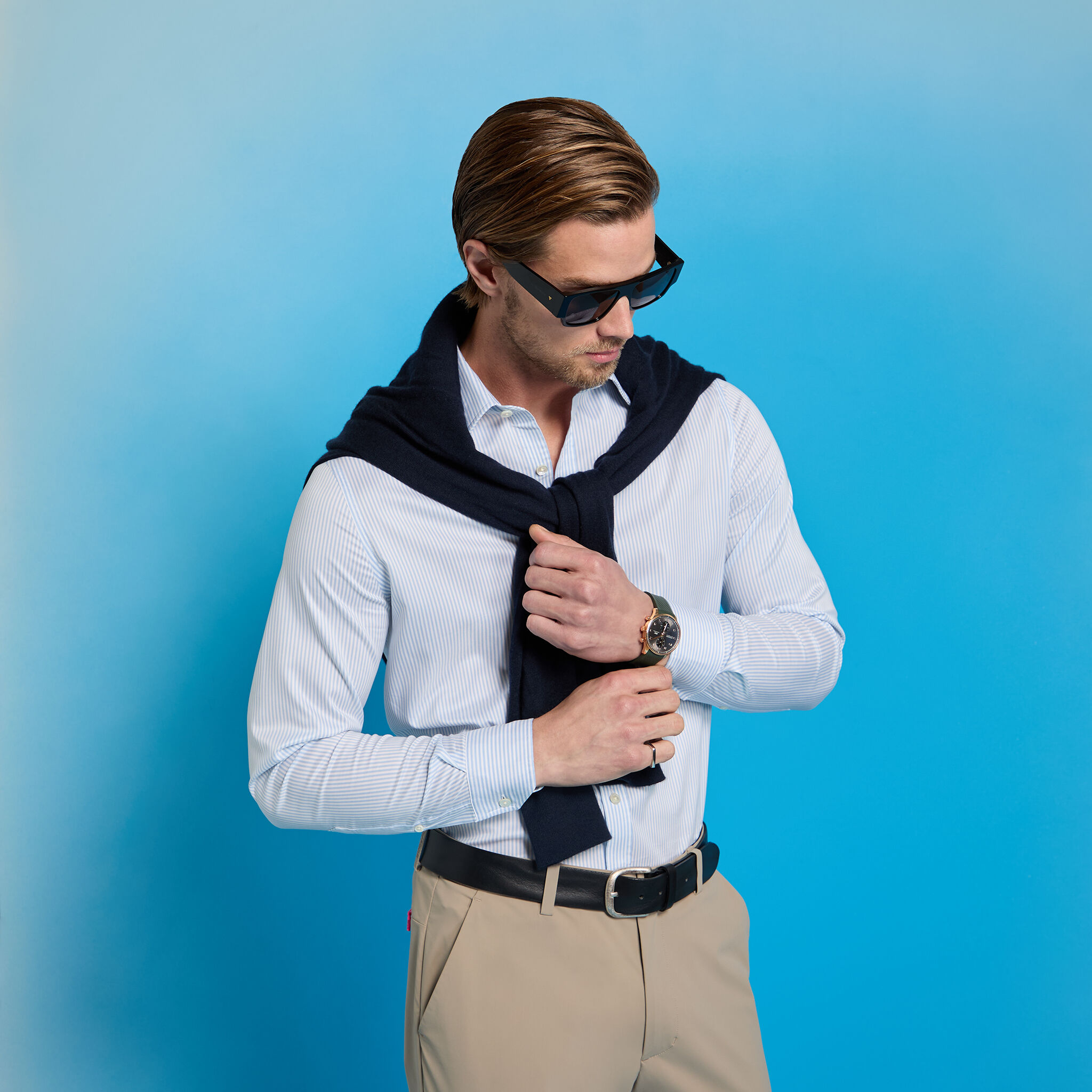 SPREAD COLLAR STRIPED STRECH DRESS SHIRT