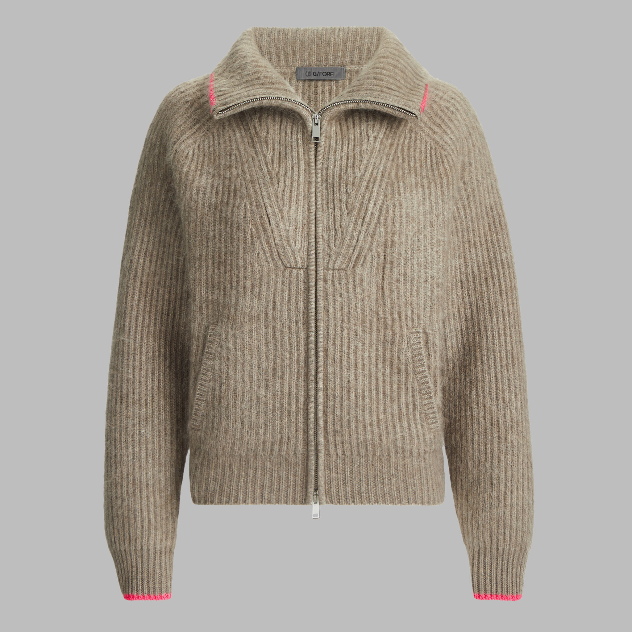 FUNNEL NECK BRUSHED CASHMERE FULL ZIP SWEATER
