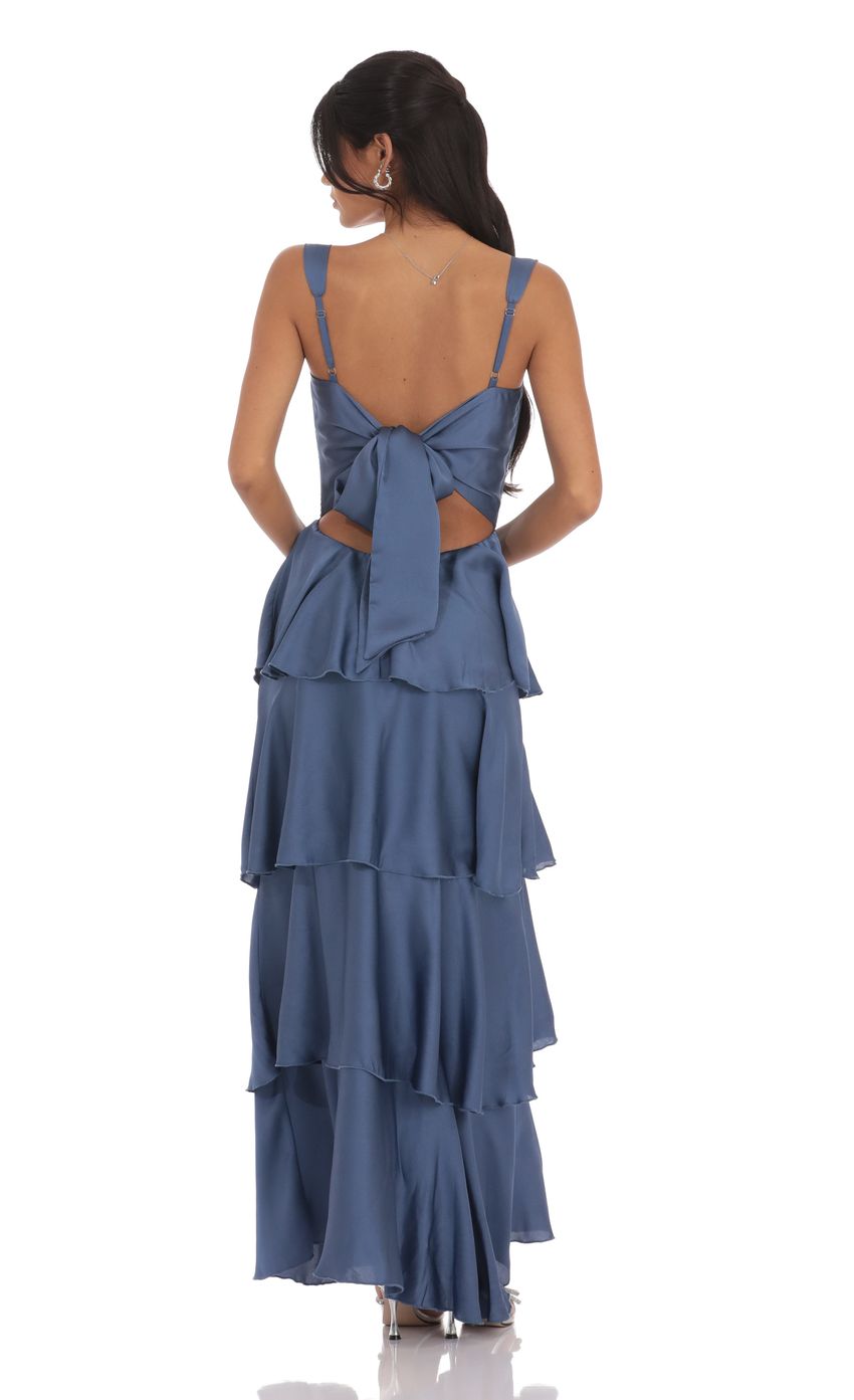 Satin Ruffle Maxi Dress in Slate Blue