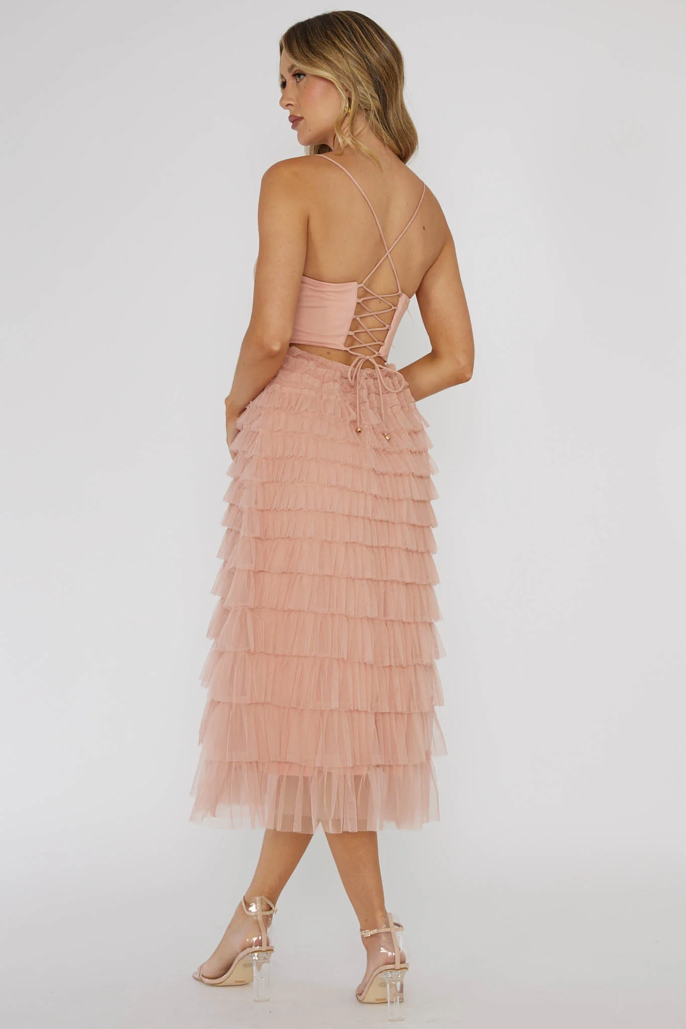 Garden Party Tiered Frill Midi Dress Blush