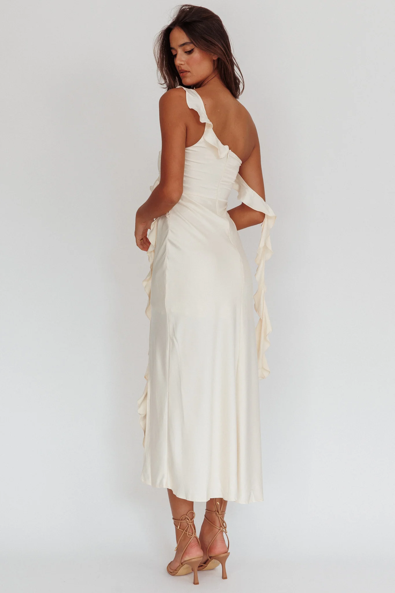 Like Yesterday Satin Ruffle Midi Dress Butter