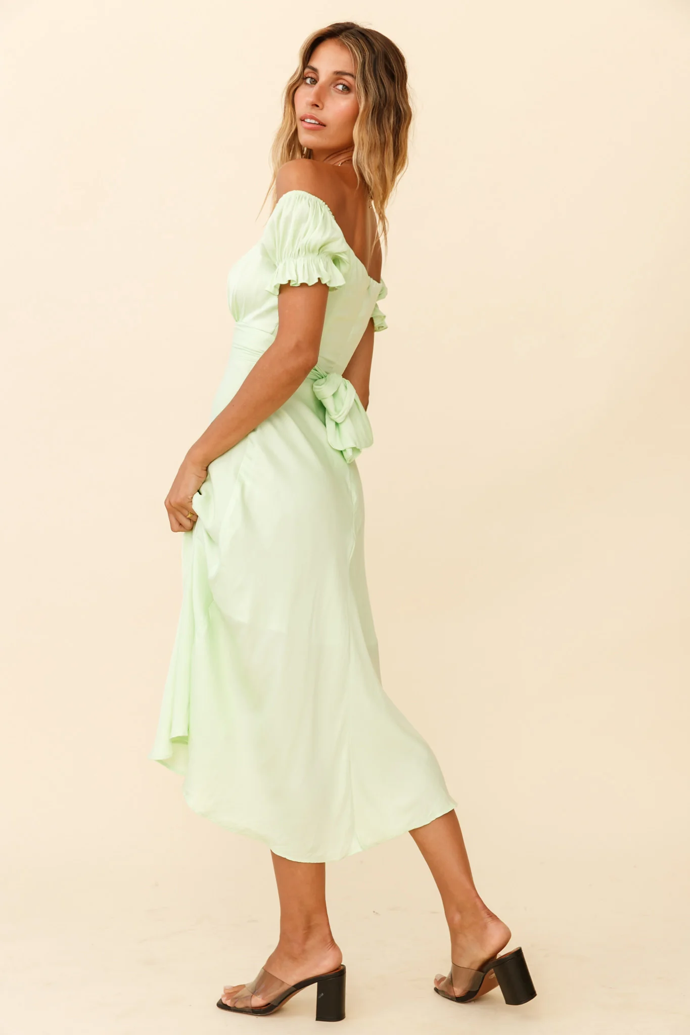 Linka Off-Shoulder Tie Back Midi Dress Apple