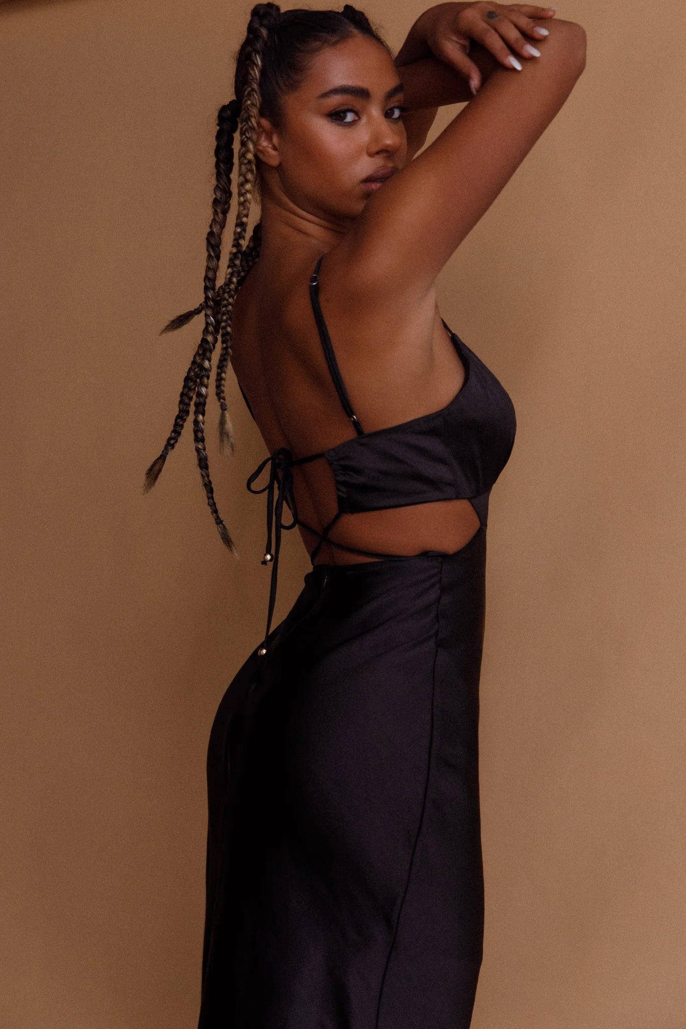 City Lights Cut-Out Waist Strappy Back Midi Dress Black