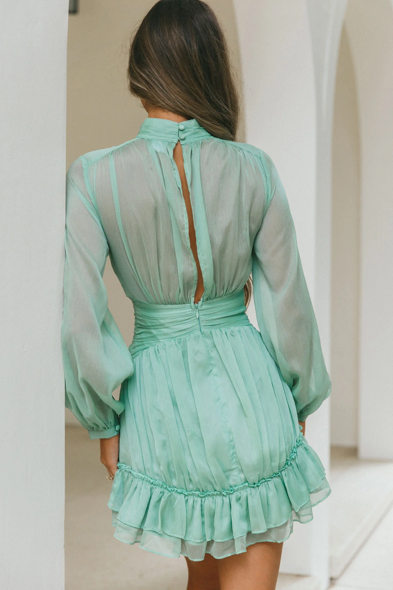 Mandalay High Neck Long Sleeve Waistband Dress Sage