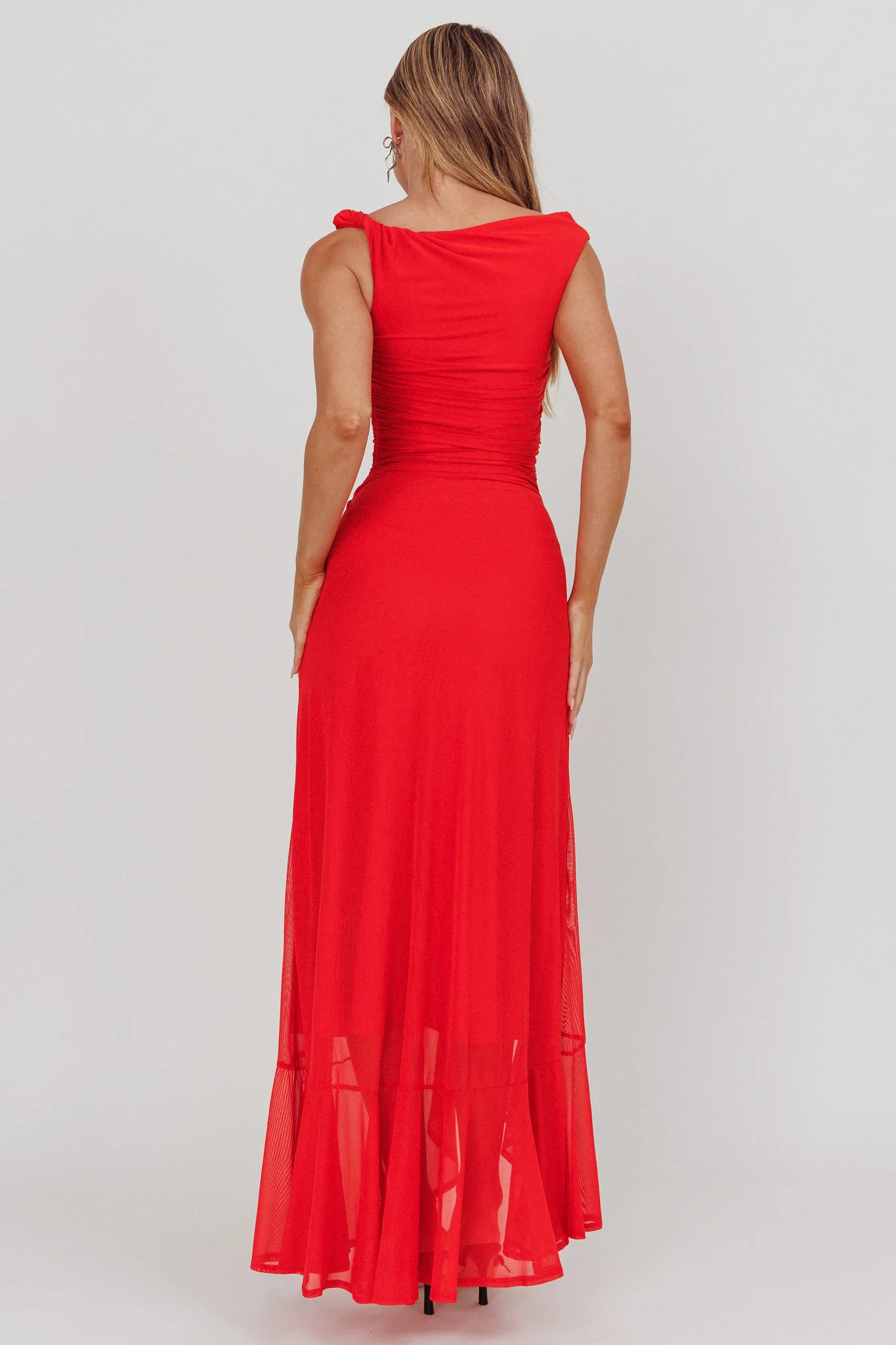 Moonlit Magic Asymmetric Neckline Maxi Dress Red