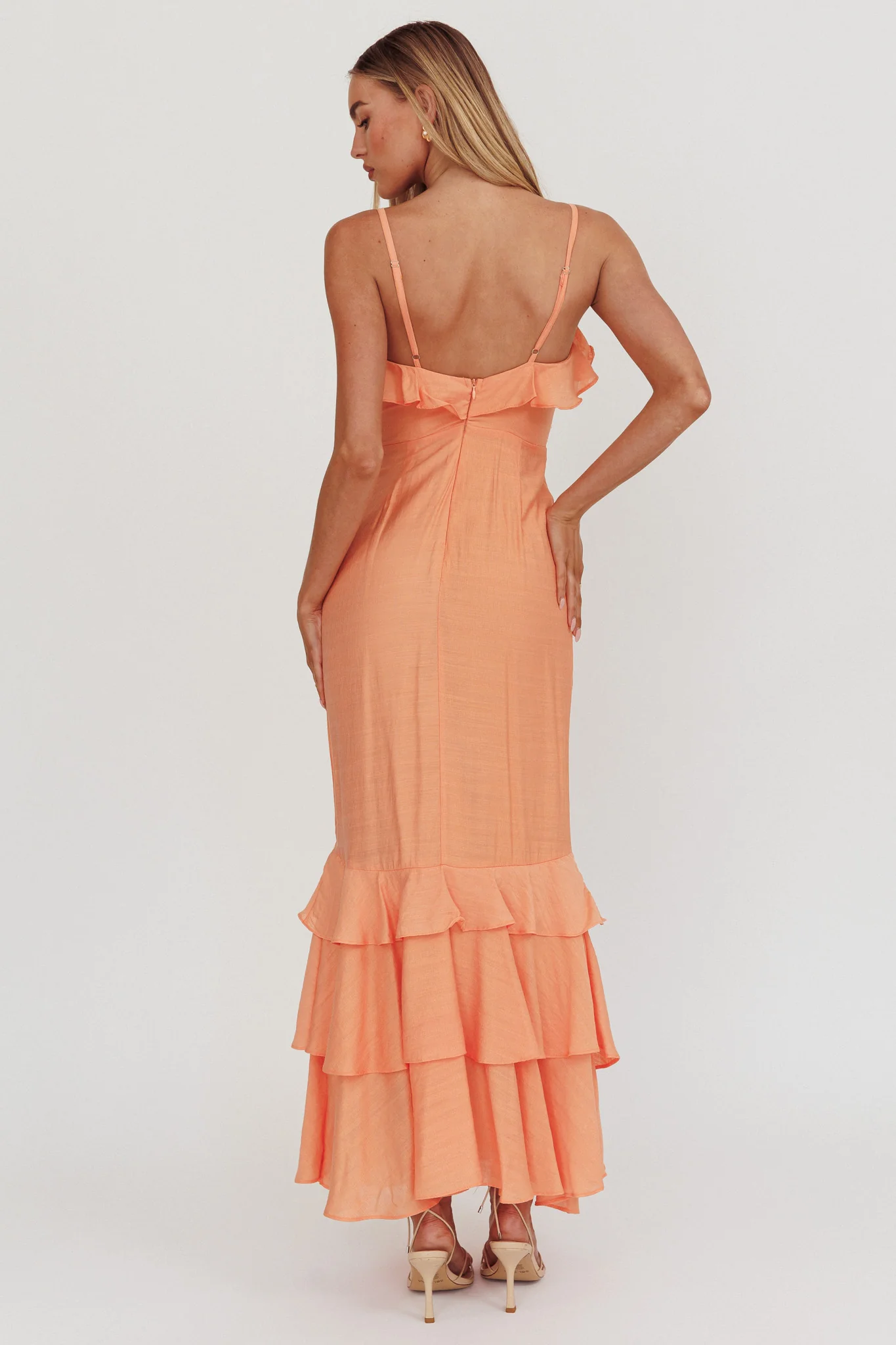 Silvana Frill Trim Split Maxi Dress Orange